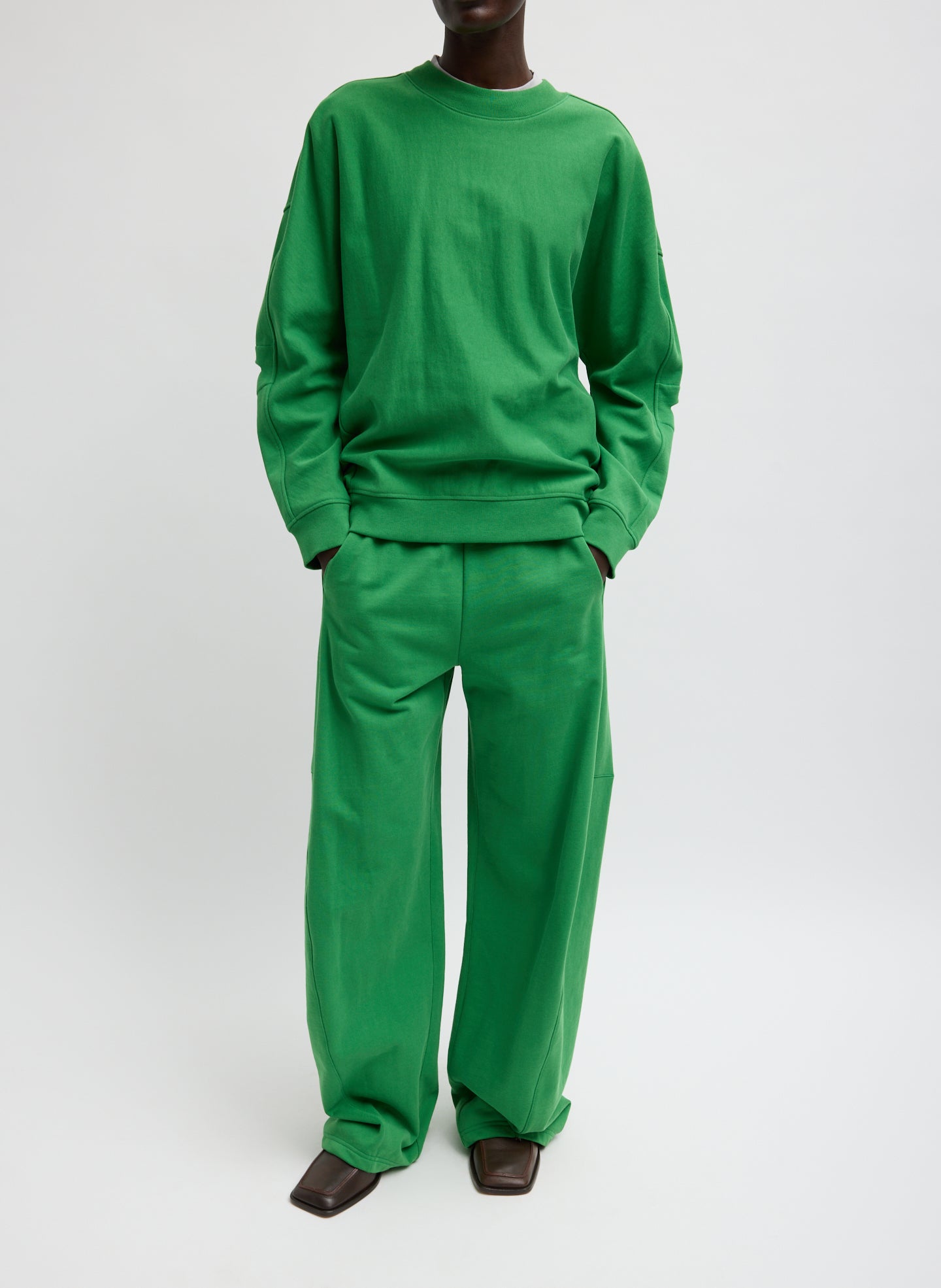 Green Sweatshirting Winslow Pant - barrel leg lounge pant, front view on model