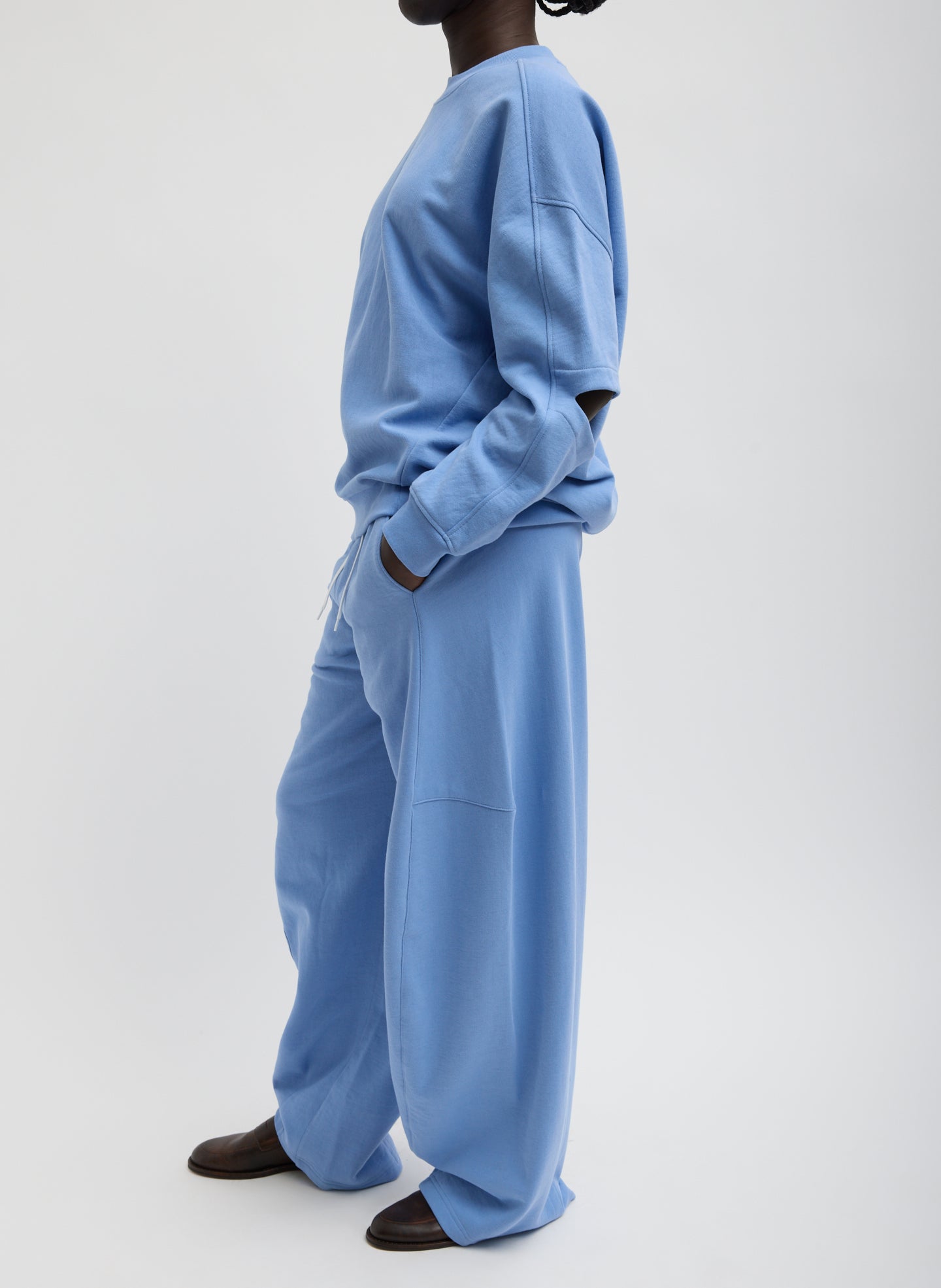 Light Blue Sweatshirting Winslow Pant - barrel leg lounge pant, side view on model