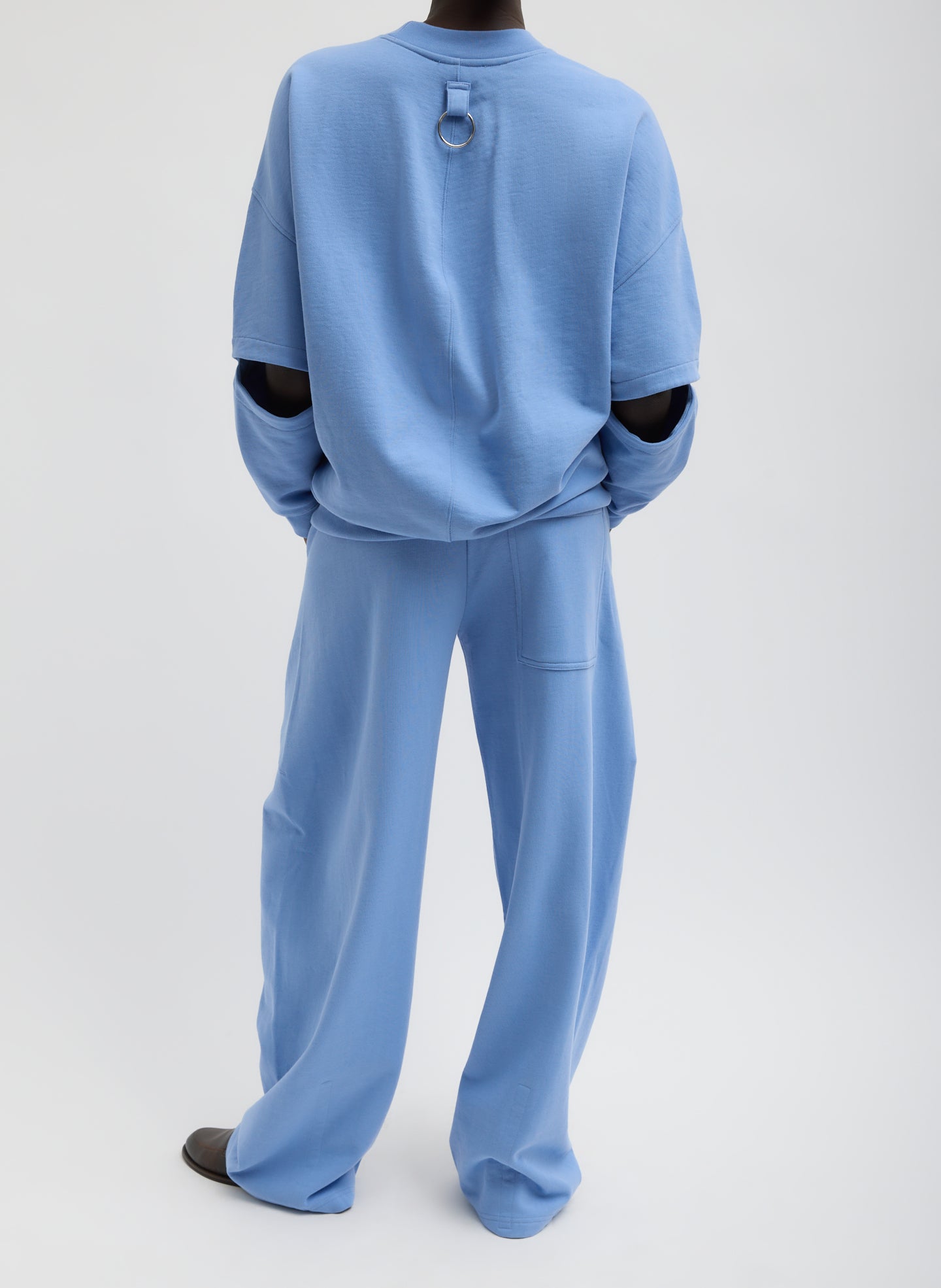 Light Blue Sweatshirting Winslow Pant - barrel leg lounge pant, back view on model