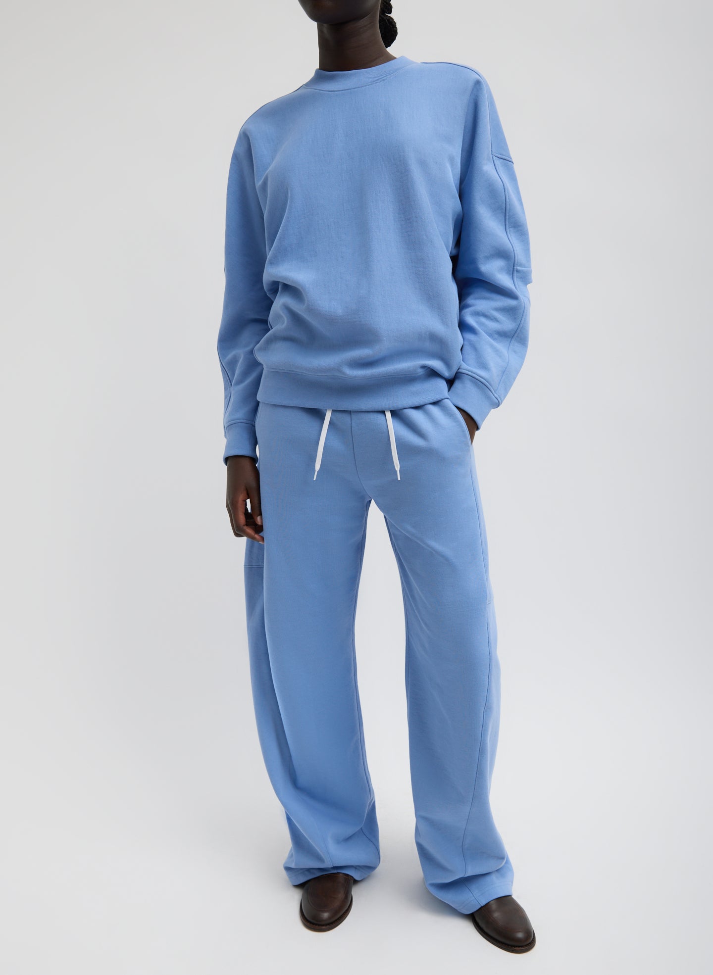Light Blue Cocoon Crewneck Sweatshirt  - full look, front view on model