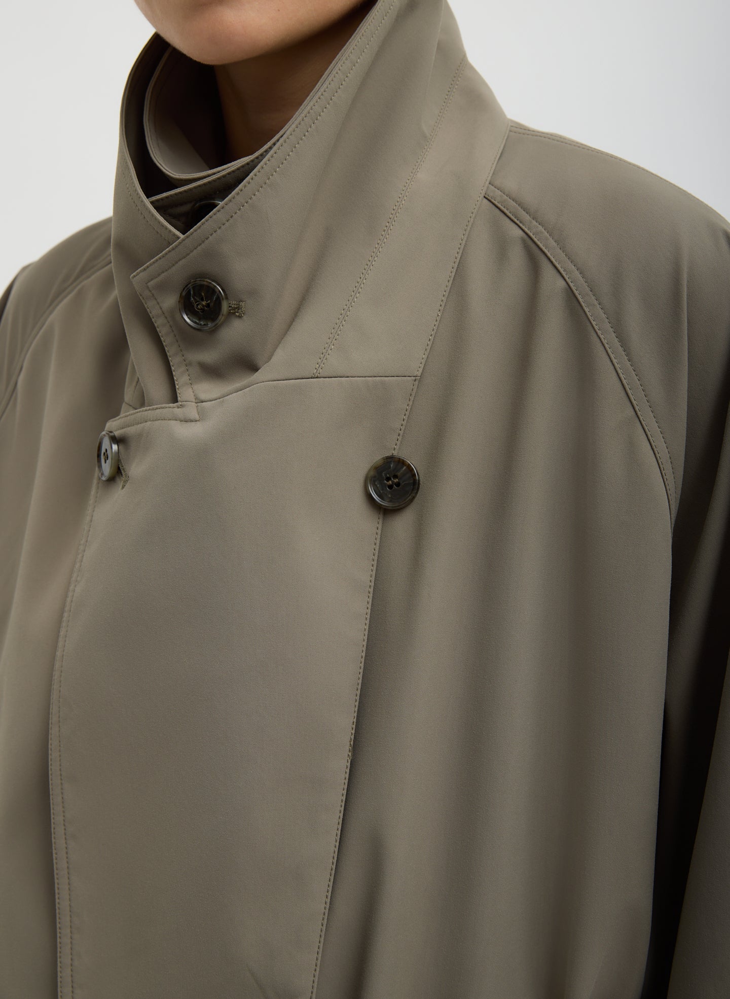 Dark Hazelnut Green Double Collar Frank Trench - closeup of button details 
