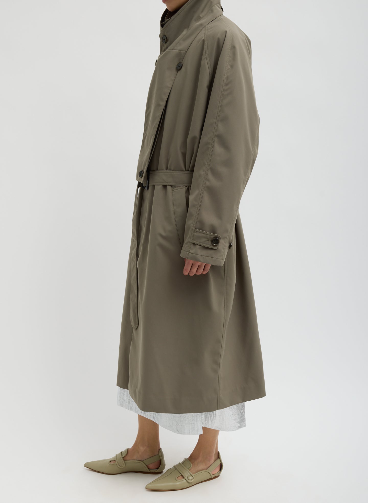 Dark Hazelnut Green Double Collar Frank Trench - trench coat, side view on model