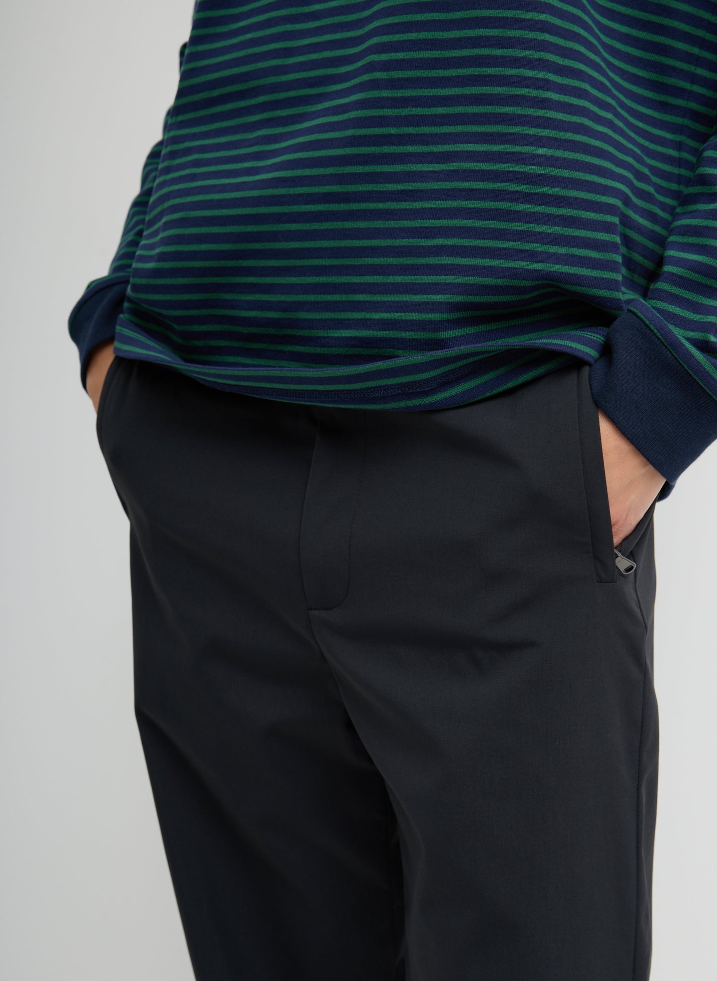 Black Tech Suiting Mark Trouser - closeup of front side pocket details