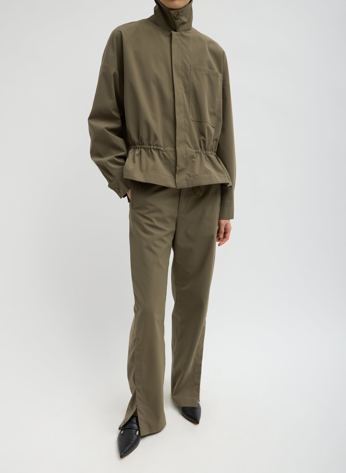 Dark Hazelnut Green Tech Suiting Mark Trouser - full look, front view on model