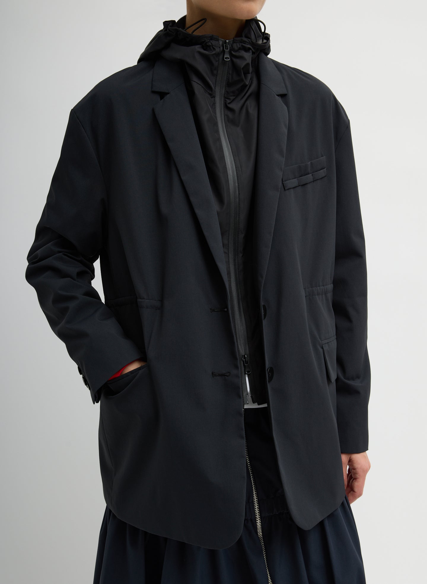 Black Tech Suiting Anorak Blazer With Zip Off Vest - front view on model