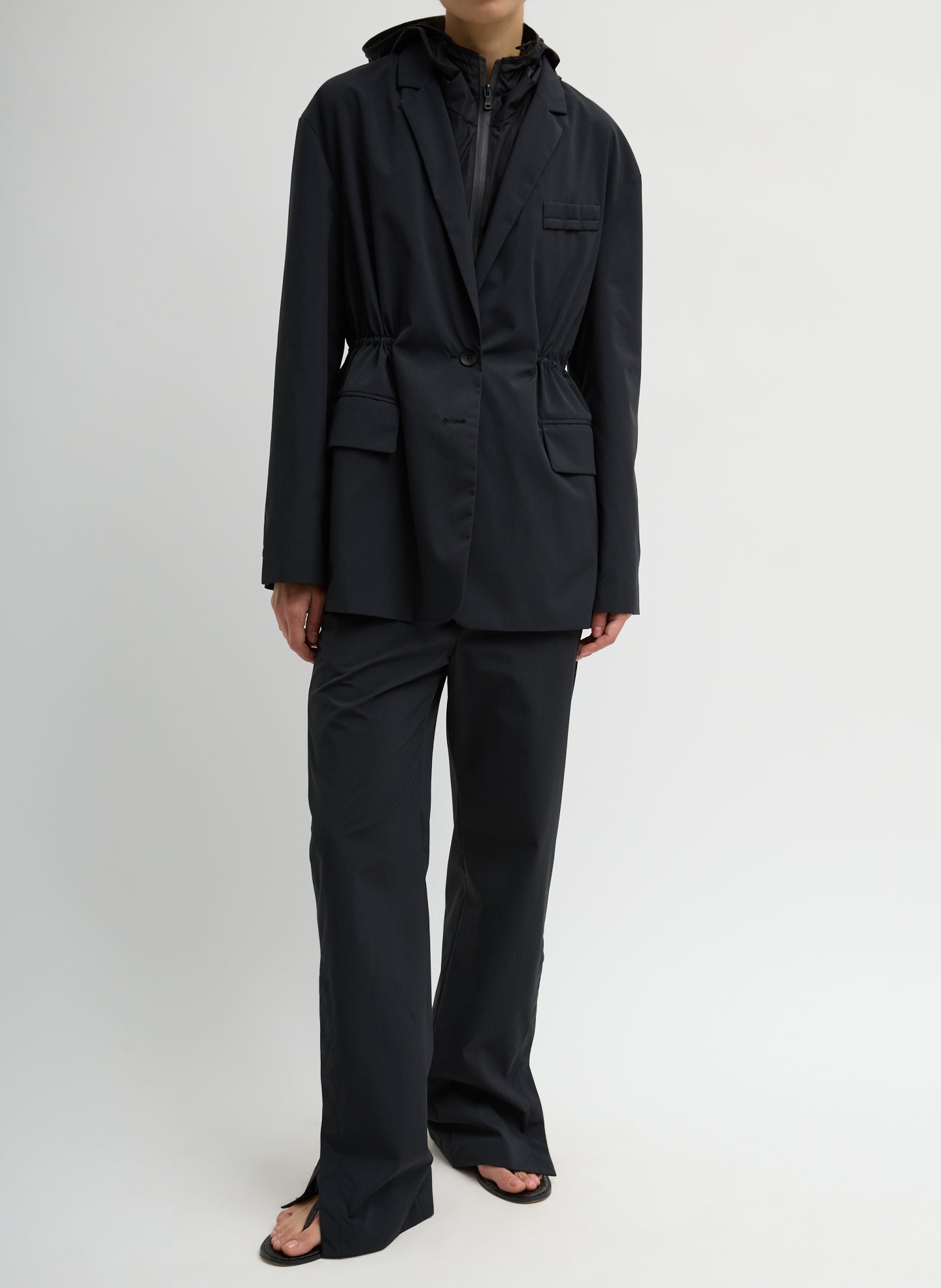 Black Tech Suiting Anorak Blazer With Zip Off Vest - full look, front view on model