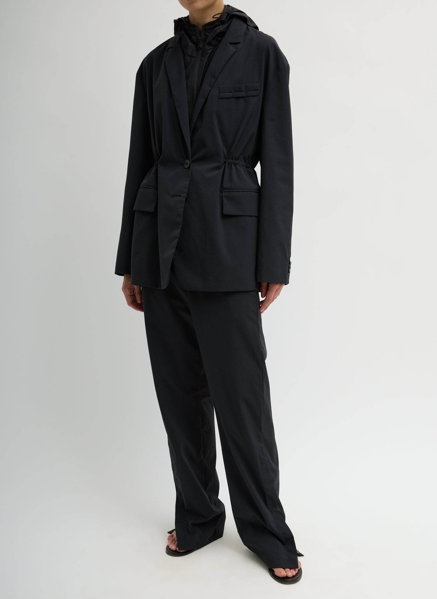 Black Tech Suiting Anorak Blazer With Zip Off Vest - full look, front view on model