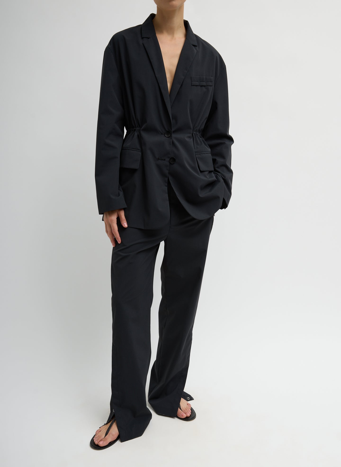 Black Tech Suiting Anorak Blazer With Zip Off Vest - full look, front view on model