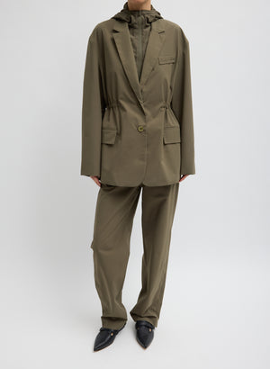 Dark Hazelnut Green Tech Suiting Anorak Blazer With Zip Off Vest - front view on model