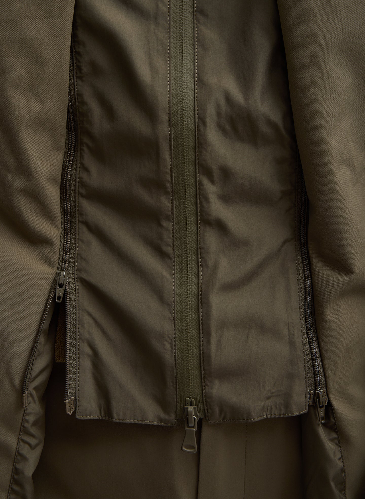 Dark Hazelnut Green Tech Suiting Anorak Blazer With Zip Off Vest - closeup of vest zip details