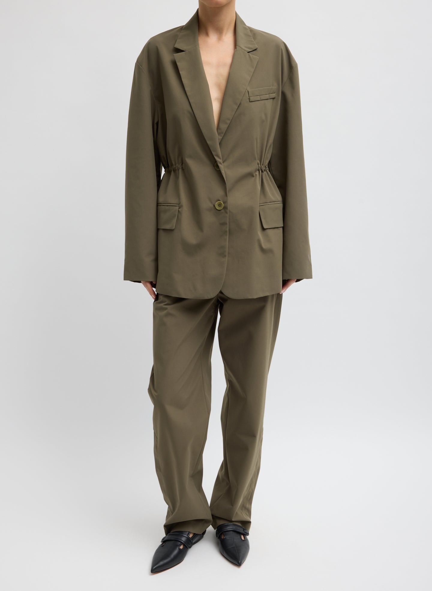 Dark Hazelnut Green Tech Suiting Anorak Blazer With Zip Off Vest - with vest removed, front view on model