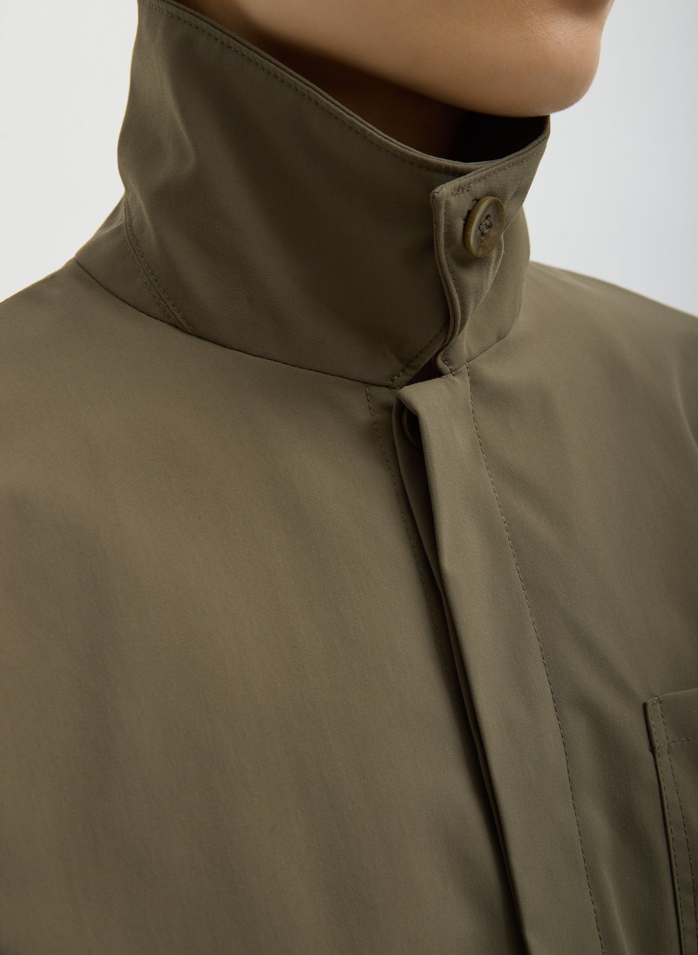 Dark Hazelnut Green Tech Suiting Anorak Bomber - closeup of collar