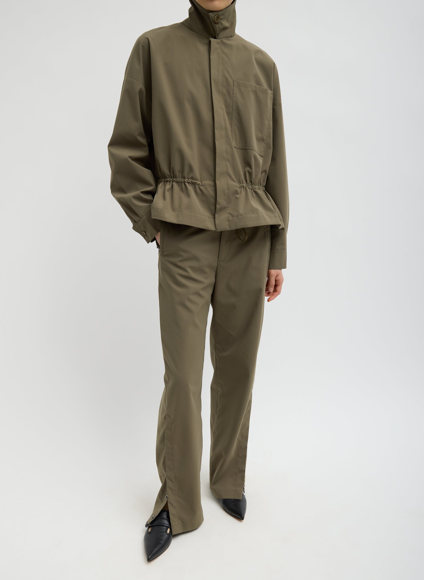 Dark Hazelnut Green Tech Suiting Anorak Bomber - full look, front view on model