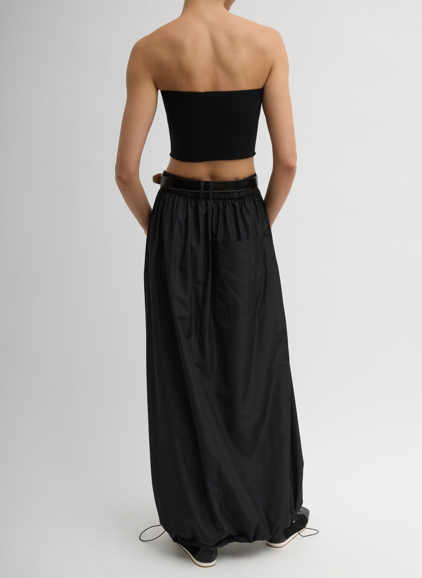 Black Italian Sporty Nylon Maxi Anorak Skirt - full look, back view on model