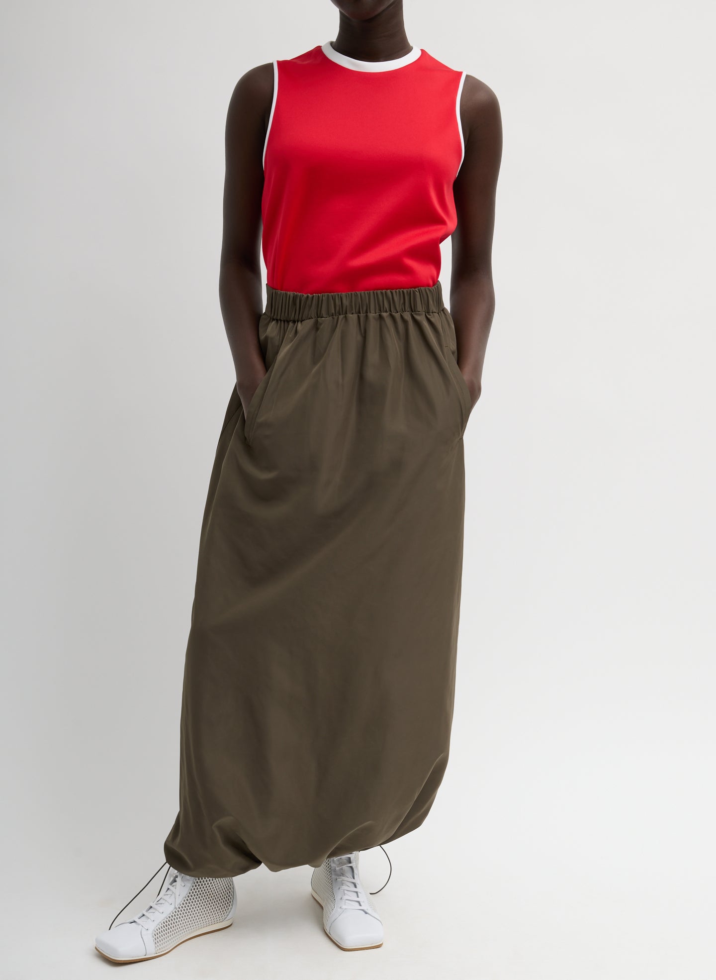 Italian Sporty Nylon Maxi Anorak Skirt - Dark Hazelnut Green Italian Sporty Nylon Maxi Anorak Skirt - full look, front view on model