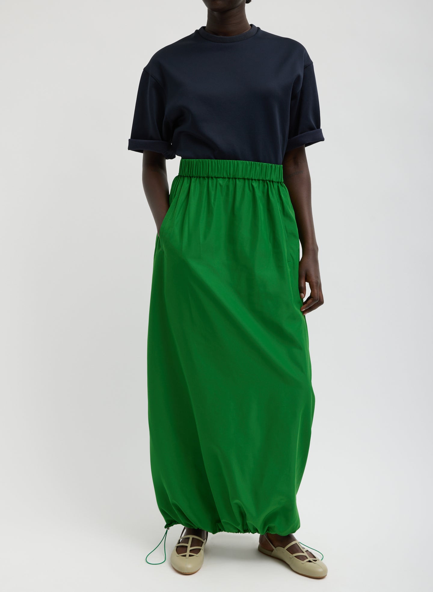 Italian Sporty Nylon Maxi Anorak Skirt - Bright Green Italian Sporty Nylon Maxi Anorak Skirt - full look, front view on model