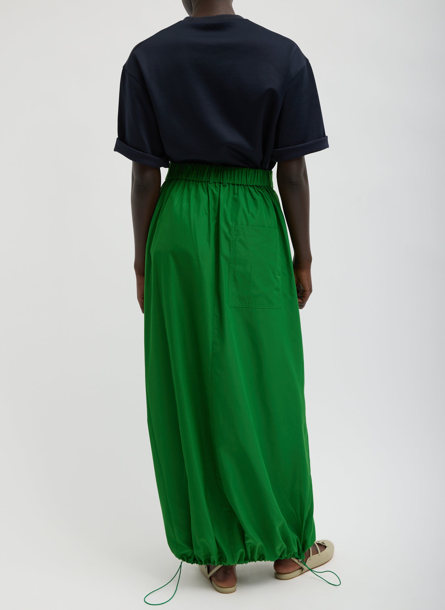 Bright Green Italian Sporty Nylon Maxi Anorak Skirt - full look, back view on model