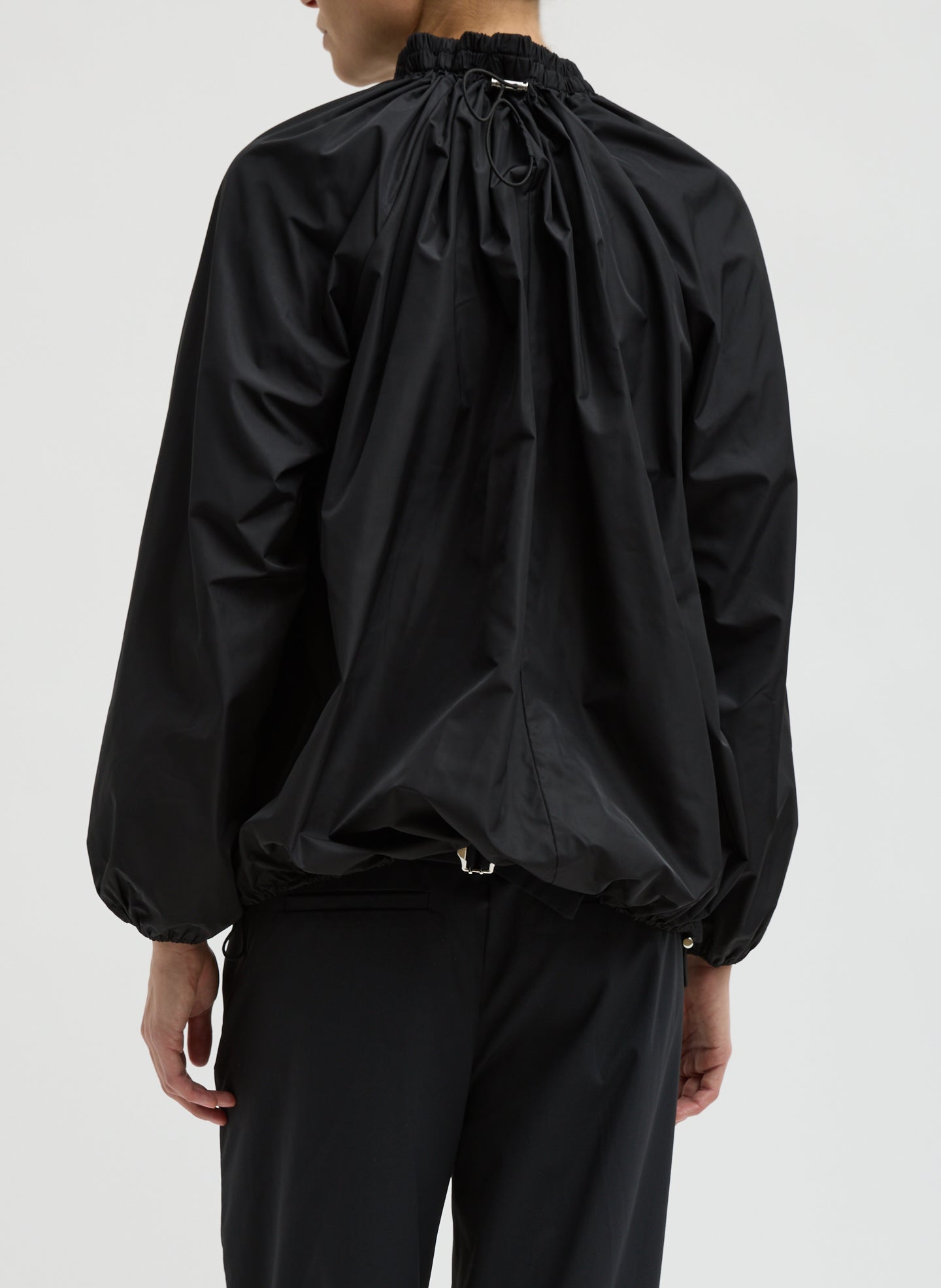 Black Italian Sporty Nylon Shirred Anorak Top - back view on model