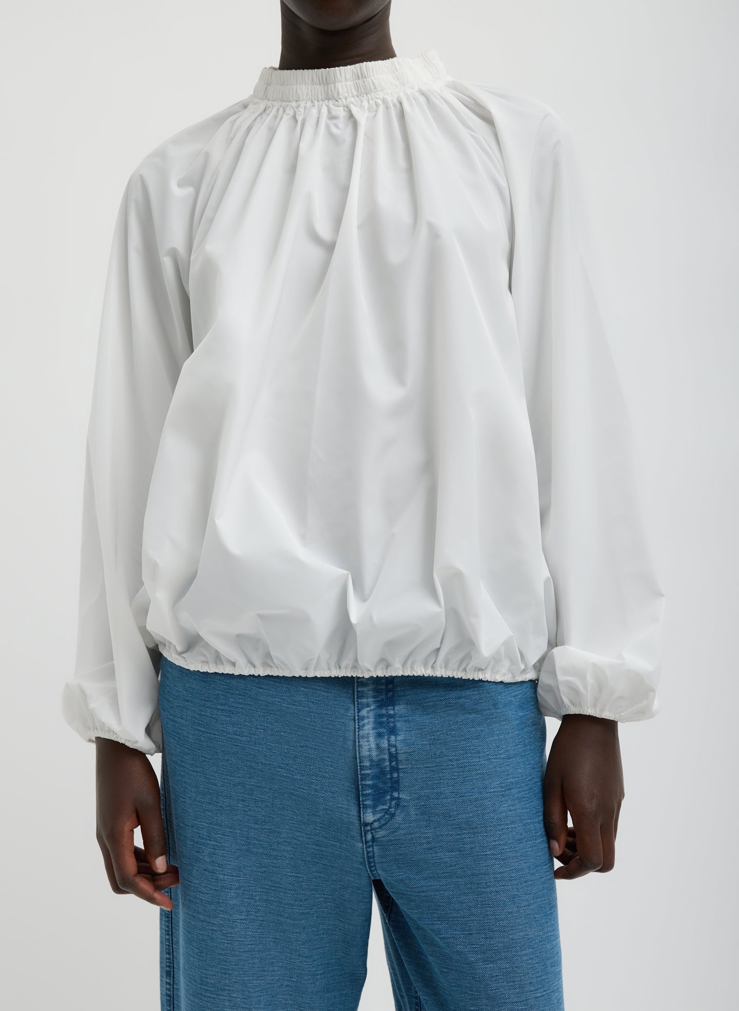 Italian Sporty Nylon Shirred Anorak Top - White Italian Sporty Nylon Shirred Anorak Top - front view on model