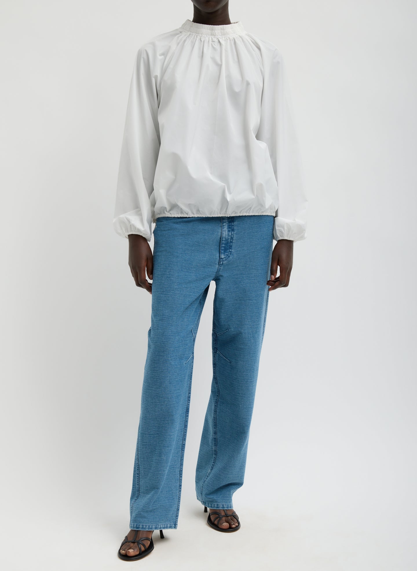 White Italian Sporty Nylon Shirred Anorak Top - full look, front view on model