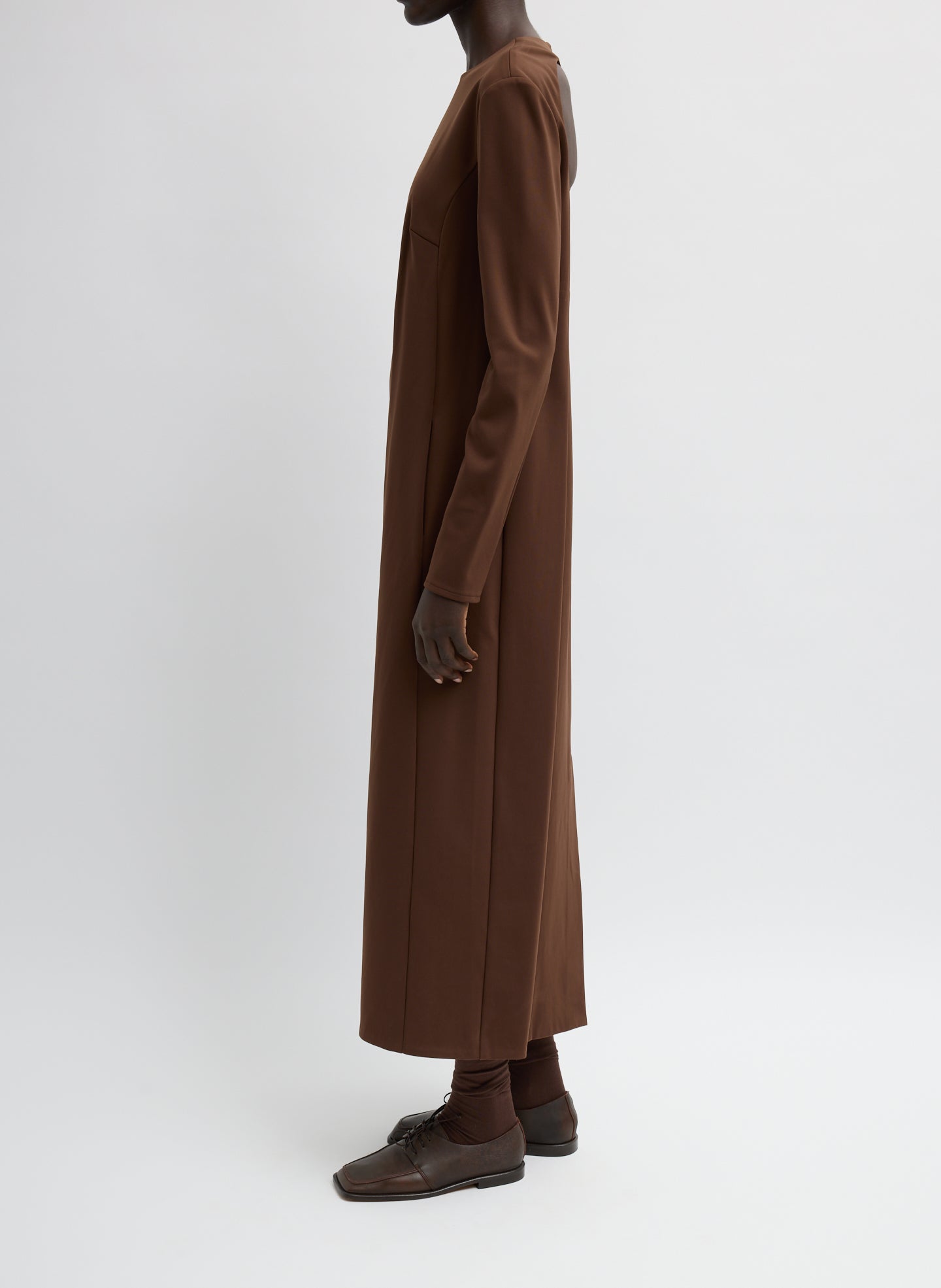 Brown Compact Ultra Stretch Knit Dress With Cut Out Back - long sleeve maxi dress, side view on model