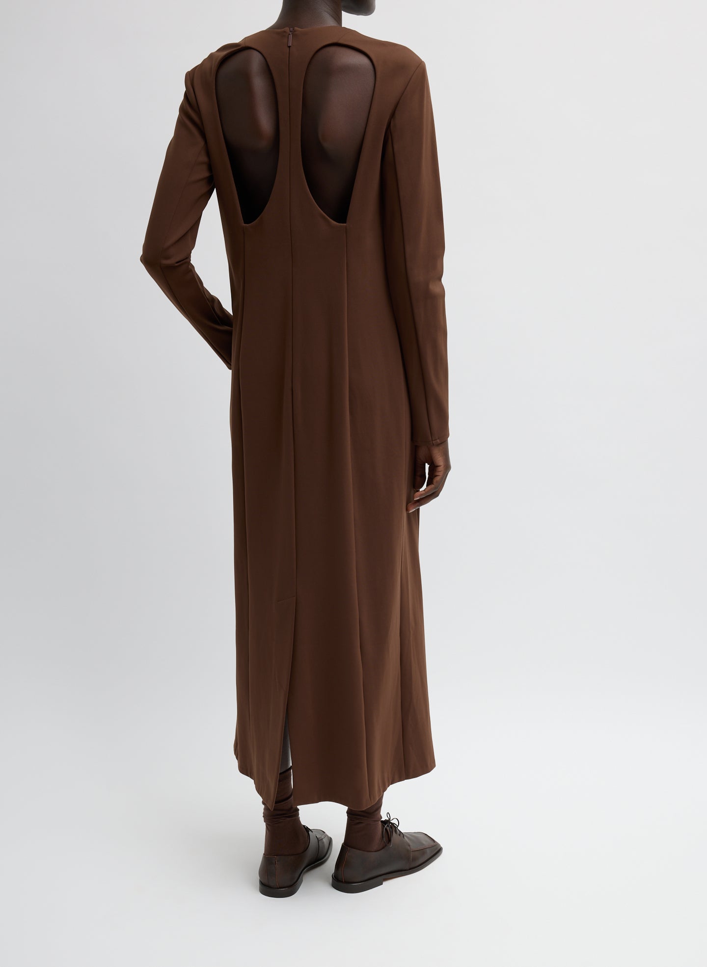 Brown Compact Ultra Stretch Knit Dress With Cut Out Back - long sleeve maxi dress, back view on model