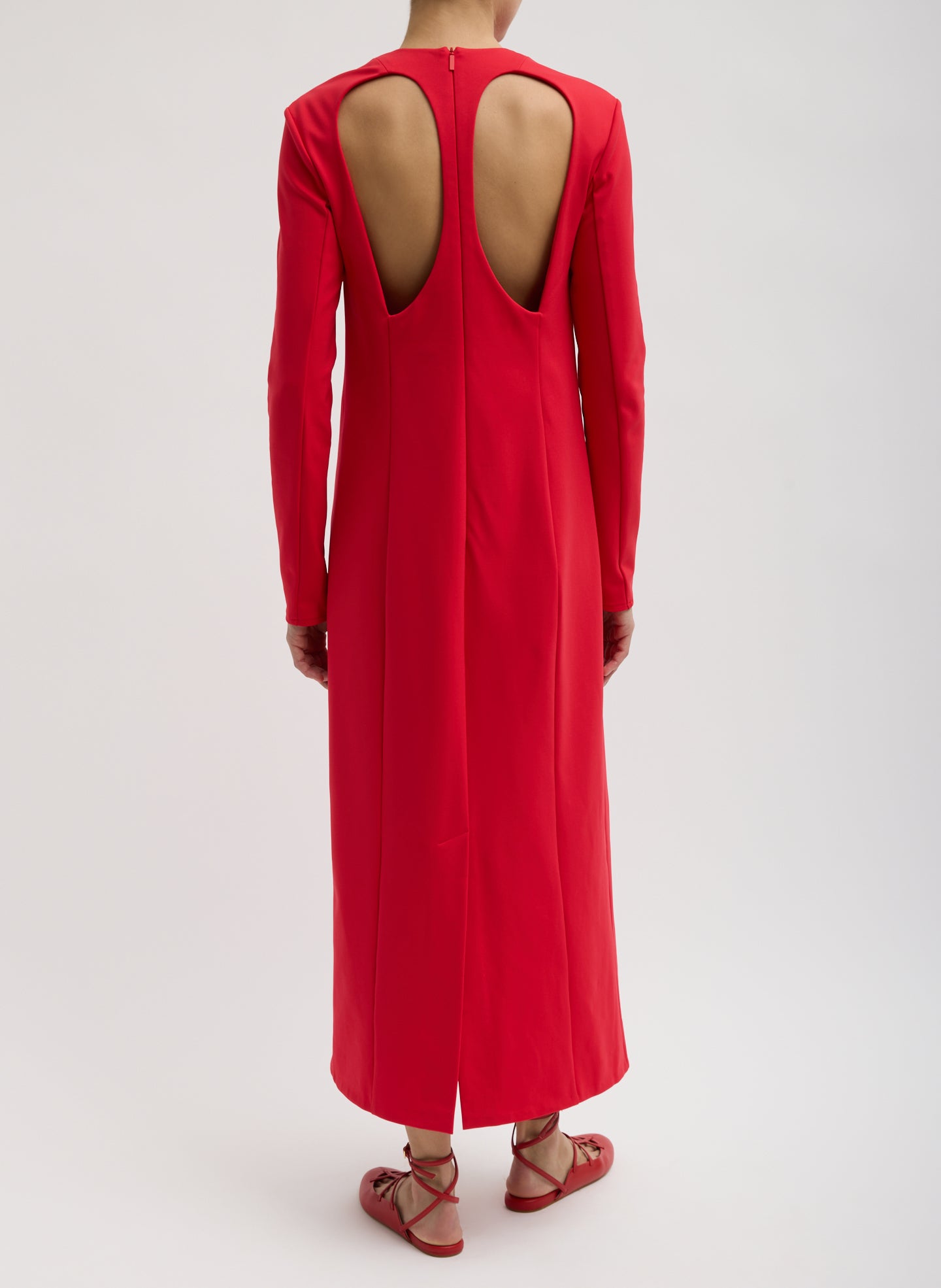 Red Compact Ultra Stretch Knit Dress With Cut Out Back - long sleeve maxi dress, back view on model