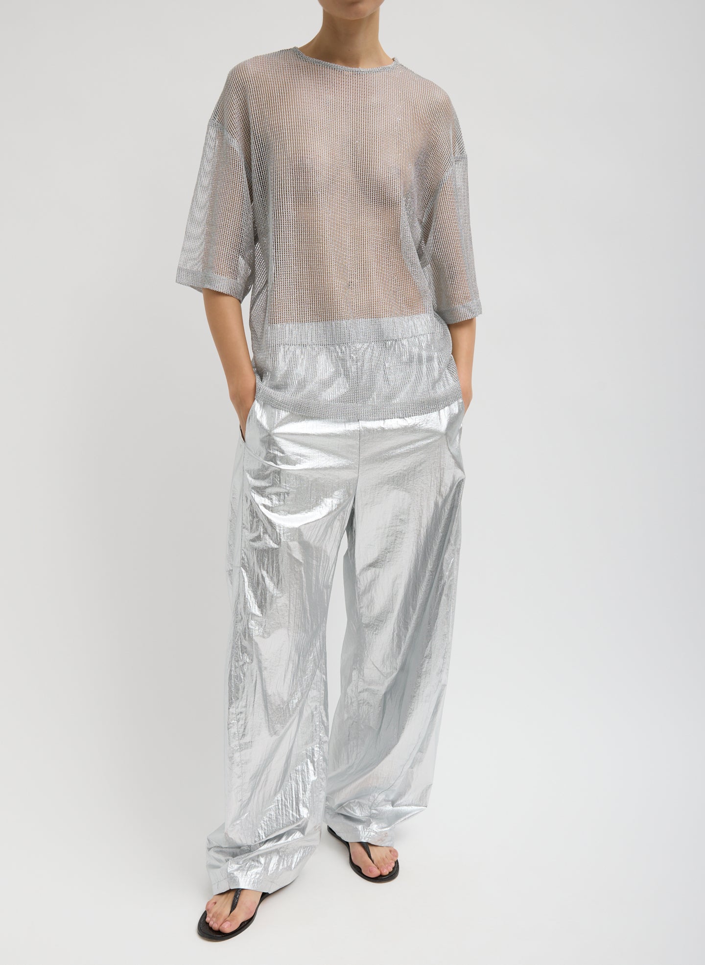 Silver Viscose Metallic Mesh Easy T-Shirt - full look, front view on model