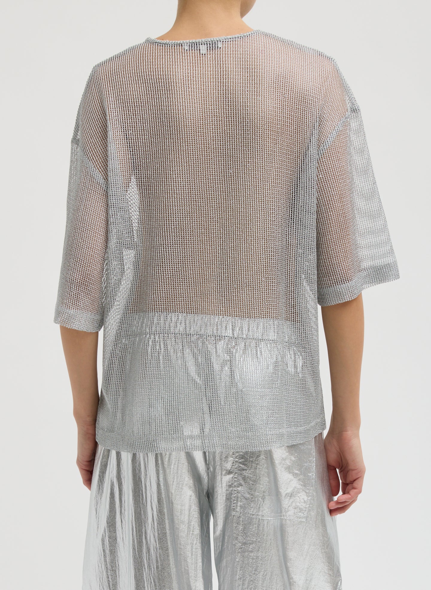 Silver Viscose Metallic Mesh Easy T-Shirt - back view on model