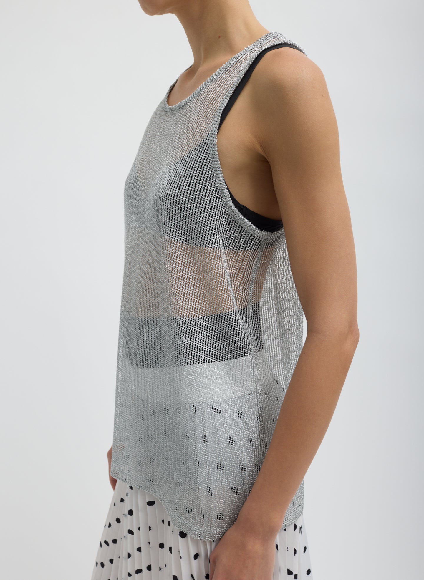 Silver Viscose Metallic Ribbed Tank - sheer mesh tank, side view on model