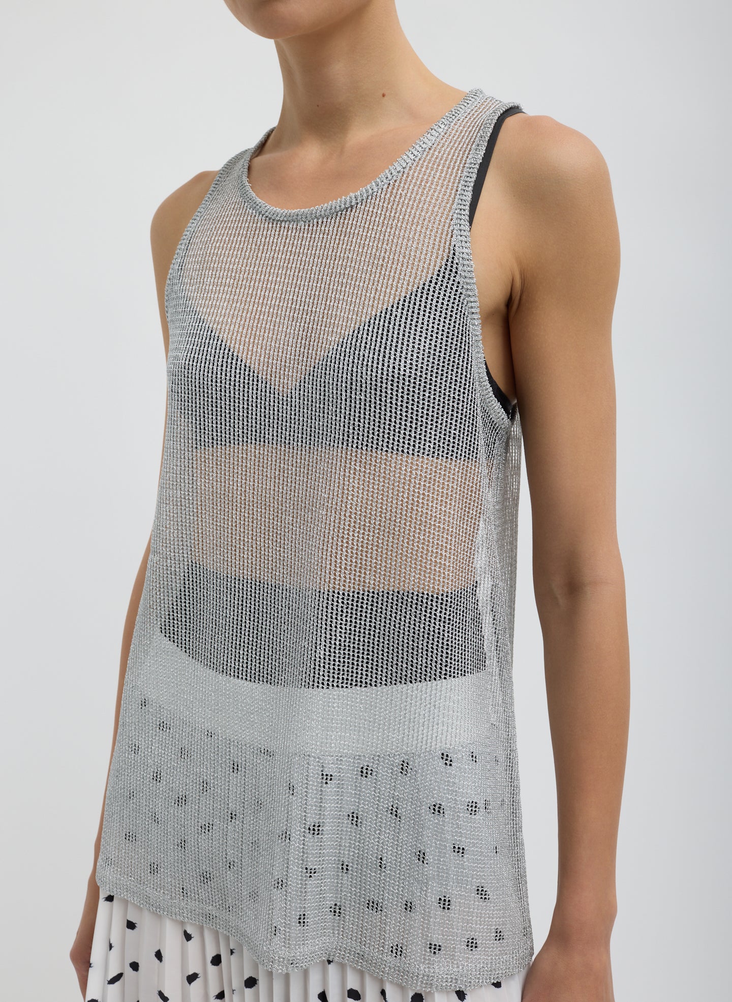 Viscose Metallic Ribbed Tank - Silver Viscose Metallic Ribbed Tank - sheer mesh tank, front view on model