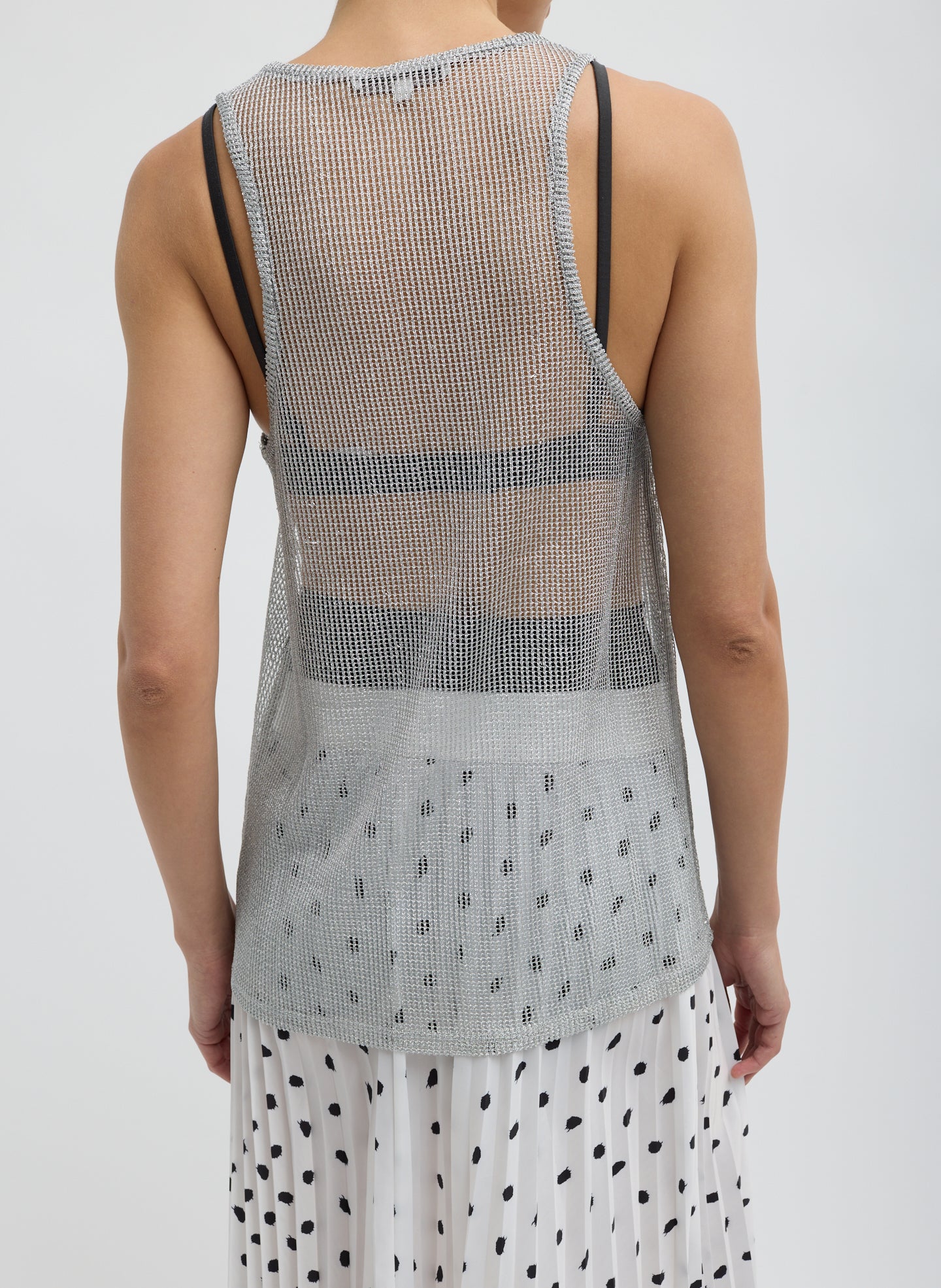 Silver Viscose Metallic Ribbed Tank - sheer mesh tank, back view on model