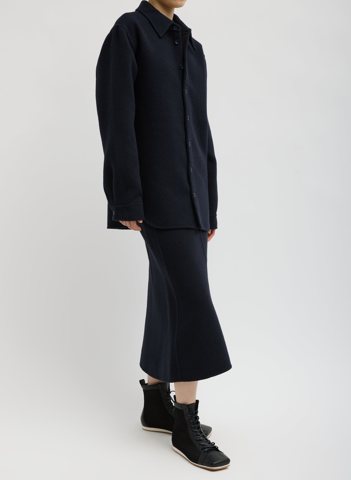Navy Luxe Double Faced Wool Angora Sculpted Skirt - side view on model