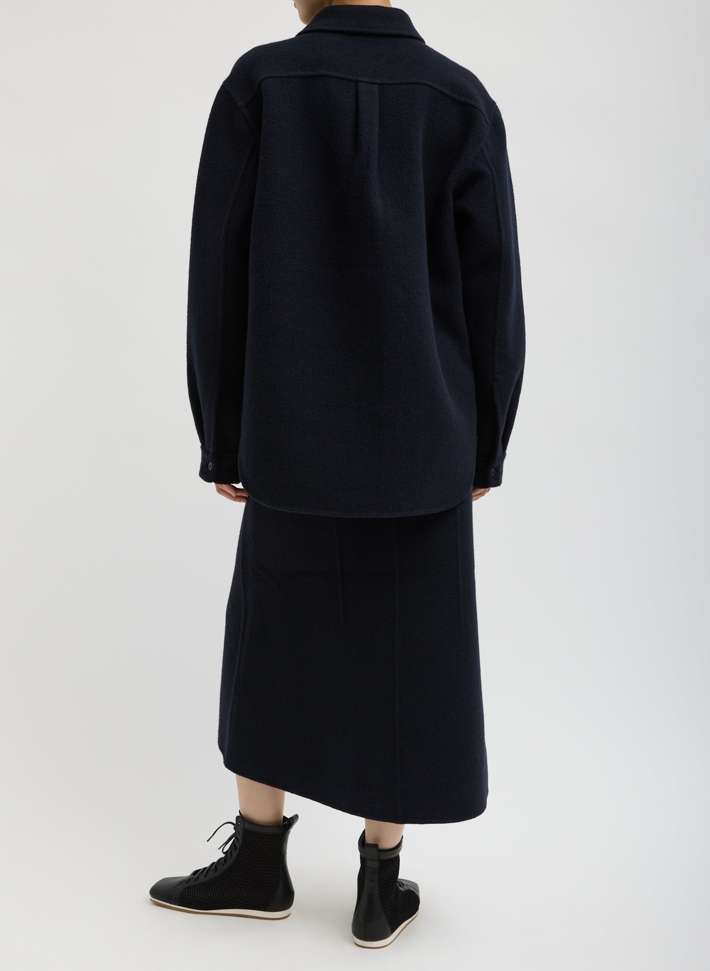 Navy Luxe Double Faced Wool Angora Sculpted Skirt - back view on model