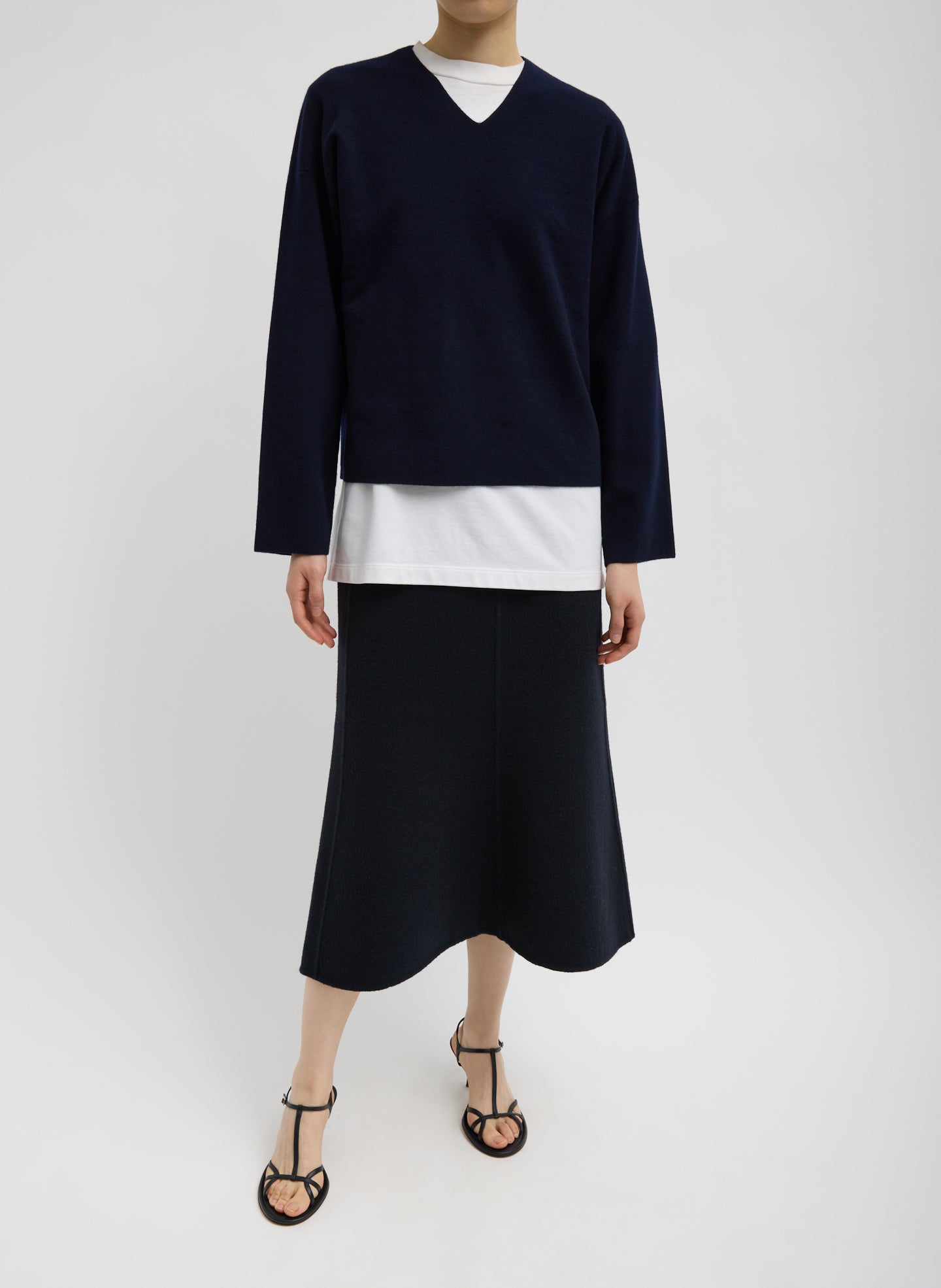 Navy Luxe Double Faced Wool Angora Sculpted Skirt - full look, front view on model