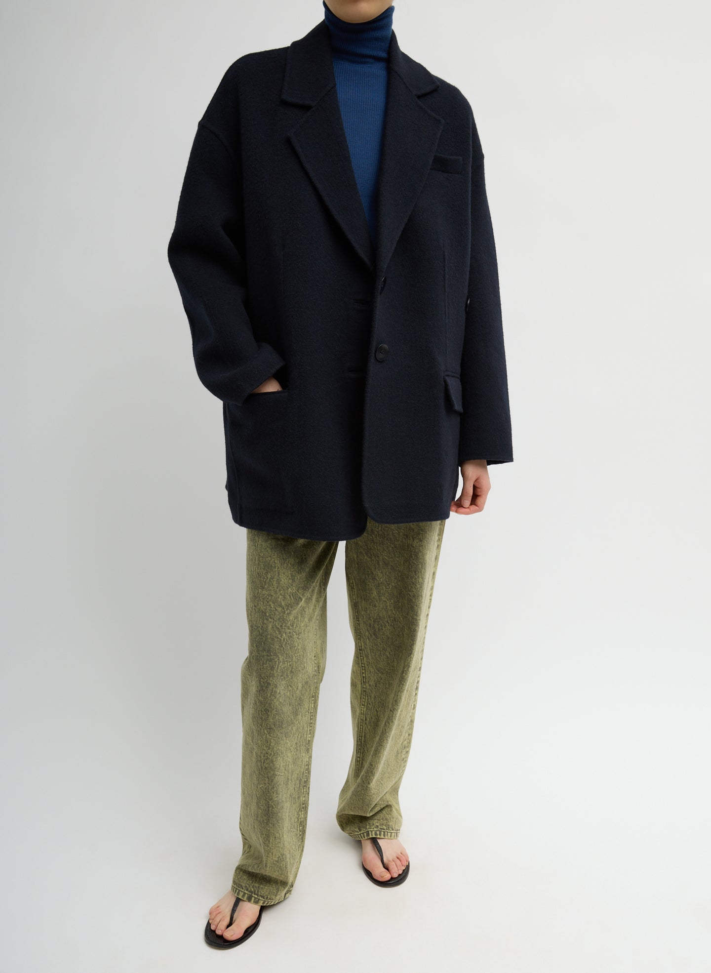 Luxe Double Faced Wool Angora Liam Blazer - Navy Luxe Double Faced Wool Angora Liam Blazer - full look, front view on model