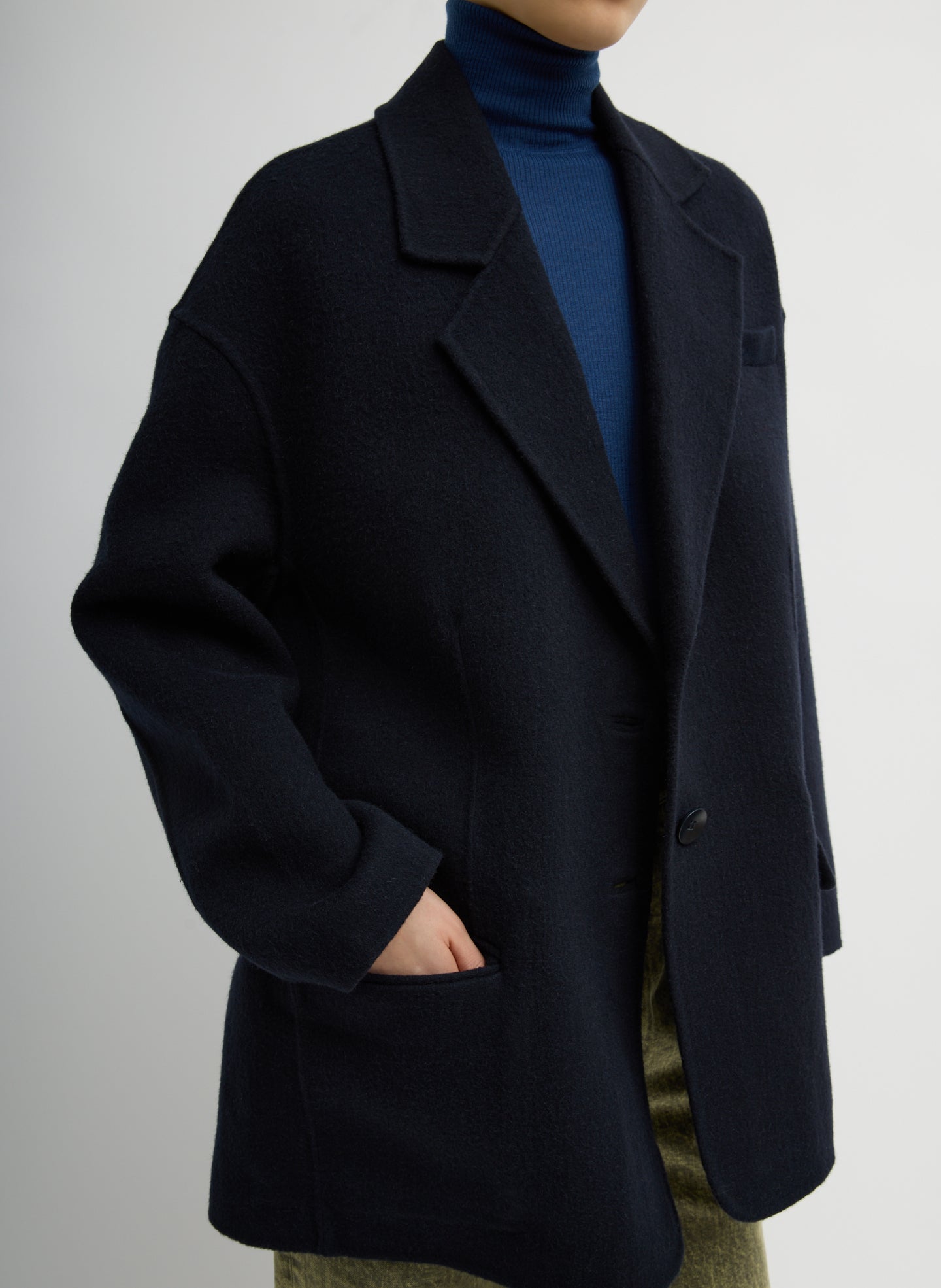 Navy Luxe Double Faced Wool Angora Liam Blazer -  front view on model