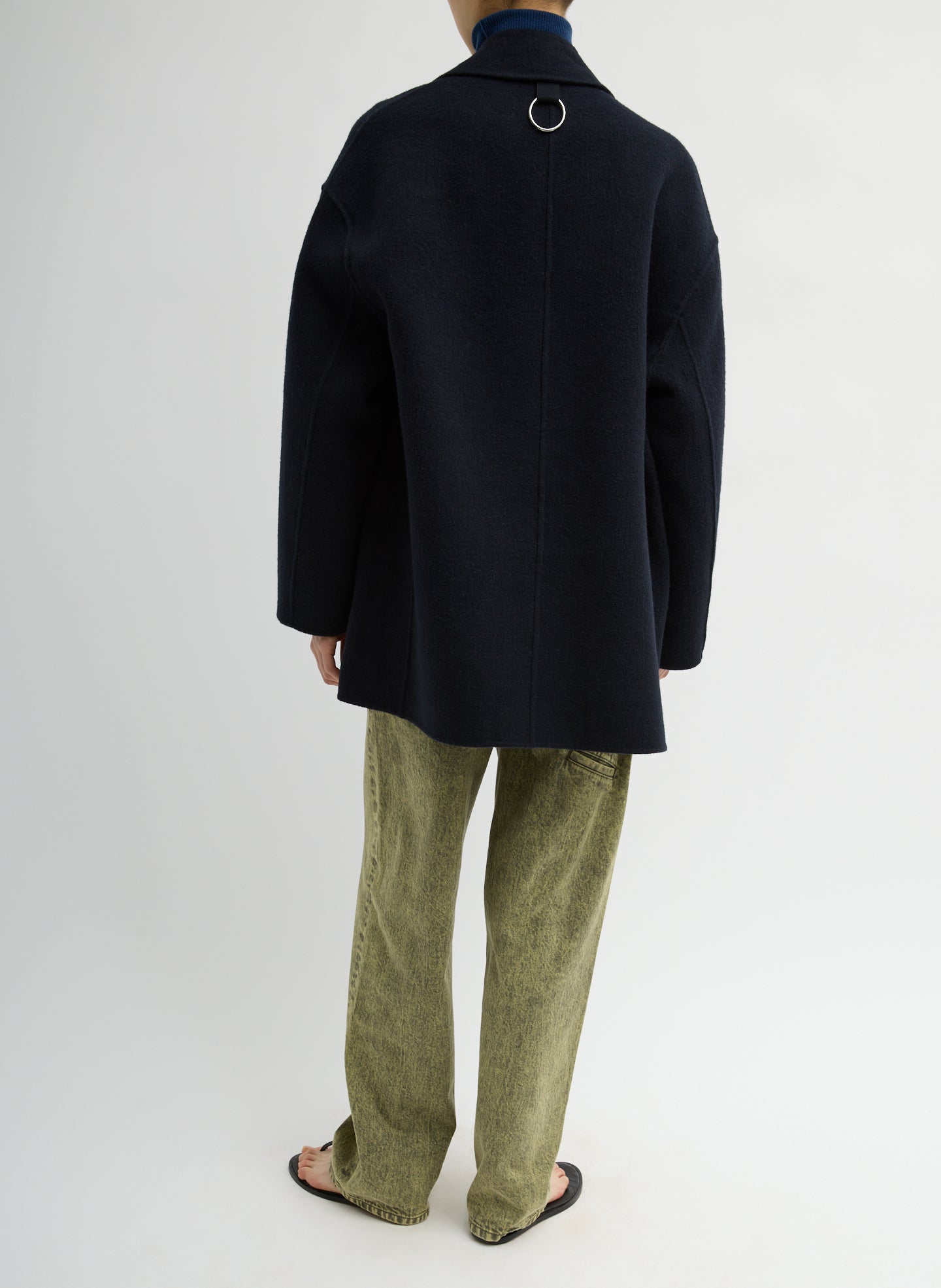 Navy Luxe Double Faced Wool Angora Liam Blazer - full look, back view on model