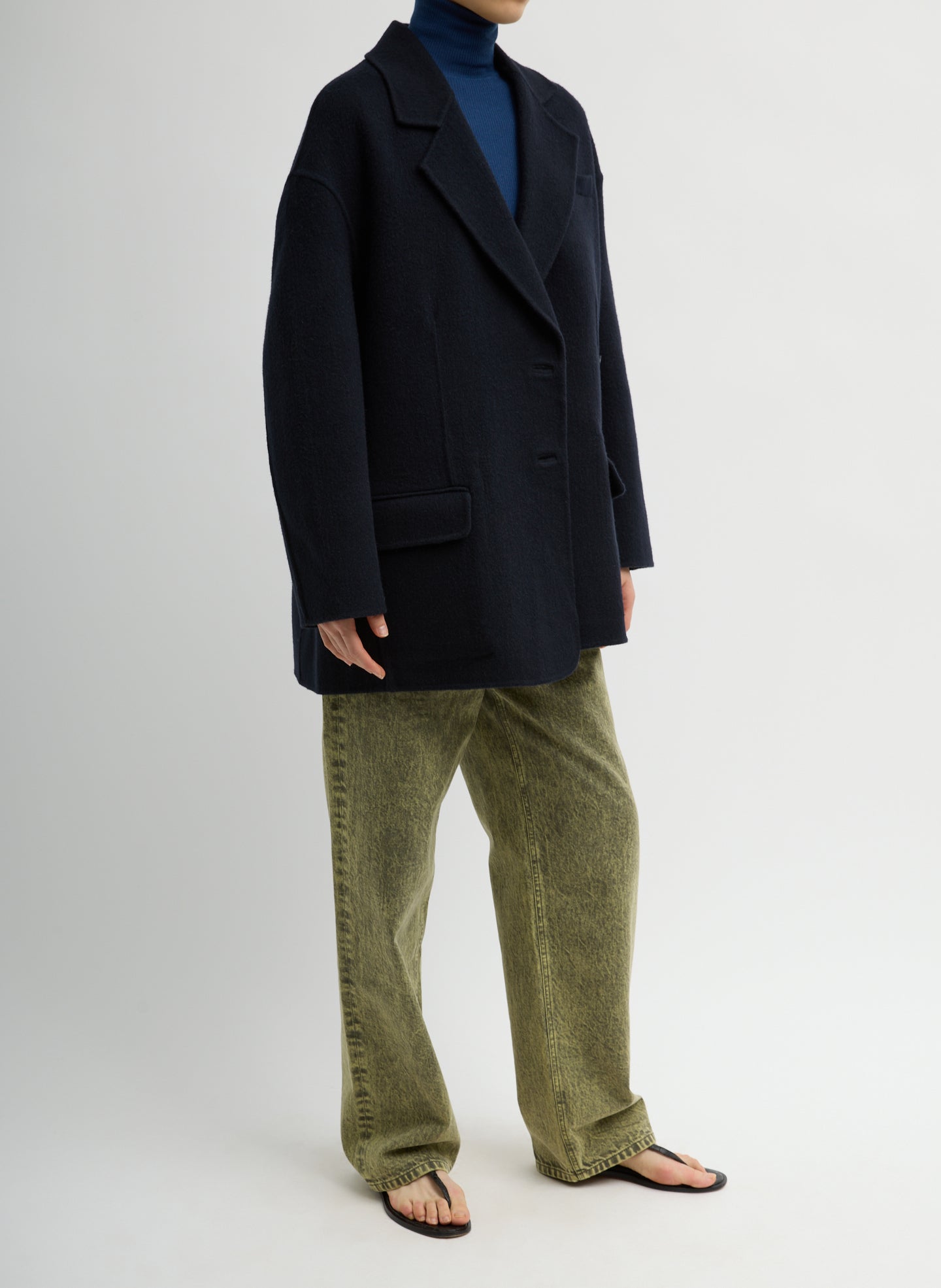 Navy Luxe Double Faced Wool Angora Liam Blazer - full look, side view on model