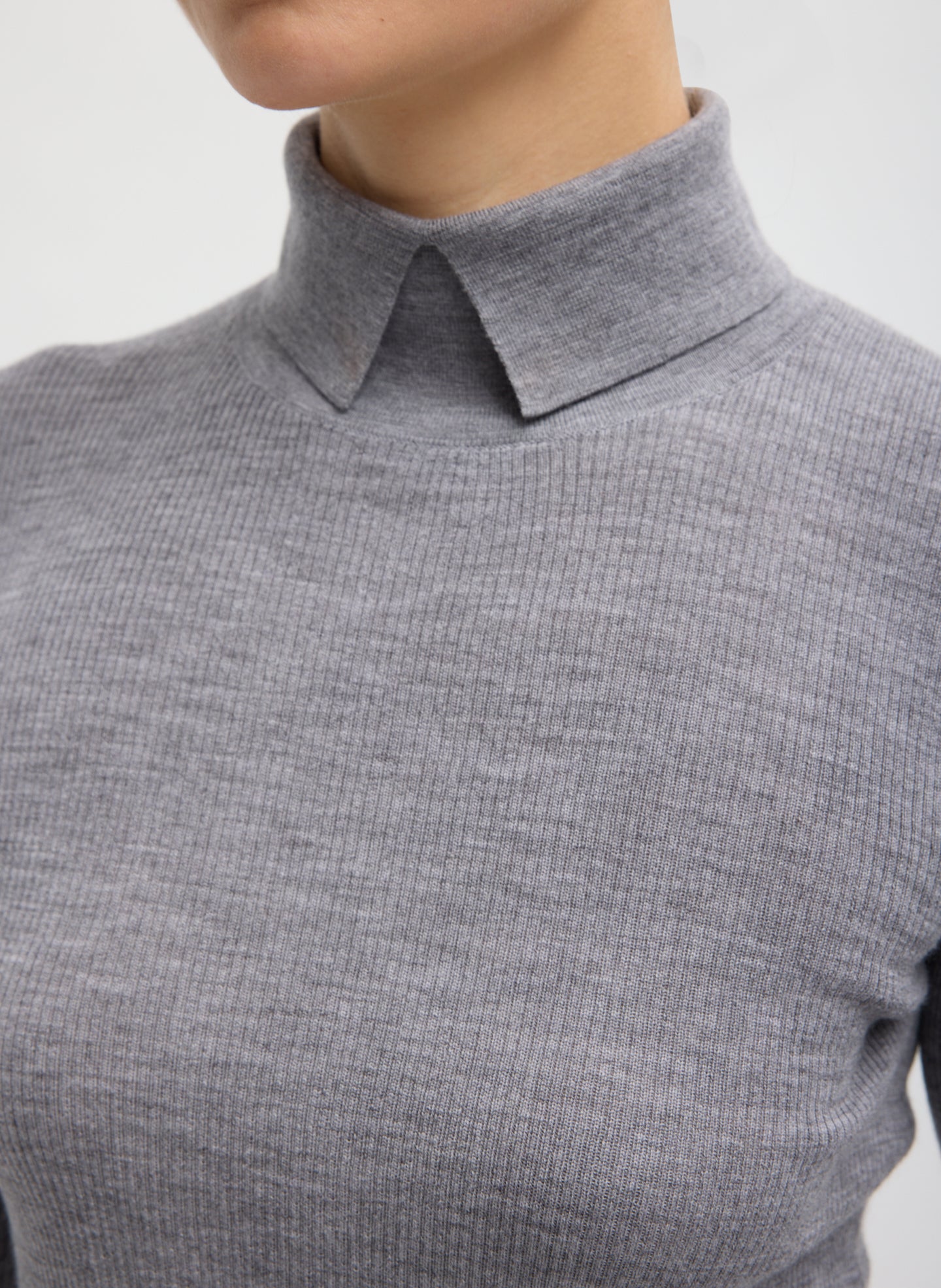 Heather Grey Feather Weight Ribbed Split Neck Turtleneck - closeup of split neck detail