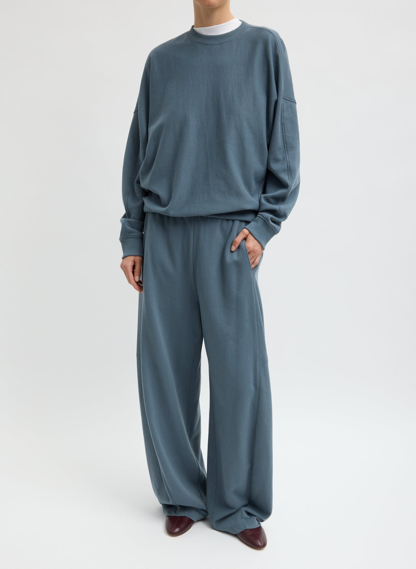 Blue Grey Light Weight Sweatshirting Winslow Pant - barrel leg sweatpant, front view on model