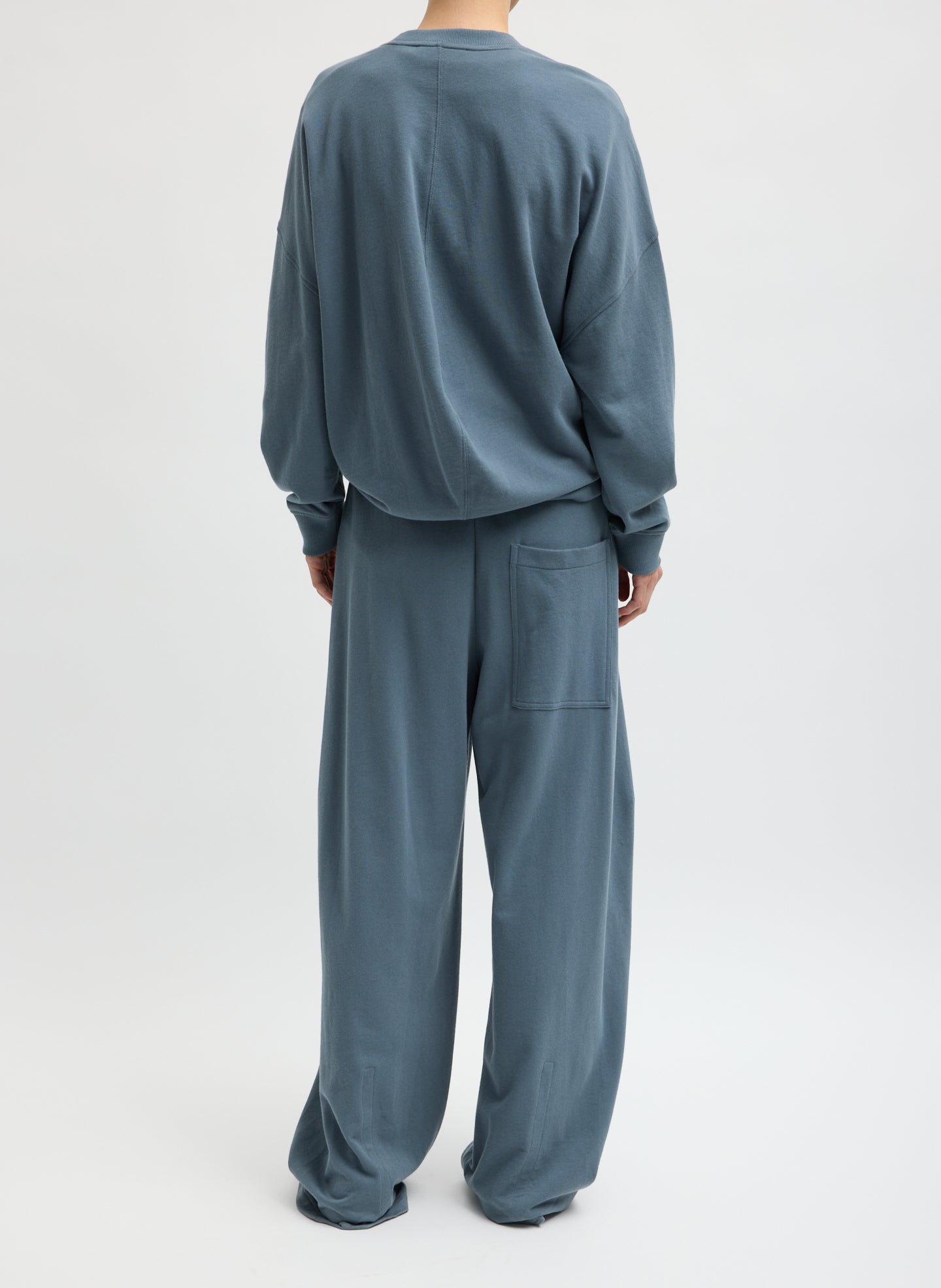 Blue Grey Light Weight Sweatshirting Winslow Pant - barrel leg sweatpant, back view on model