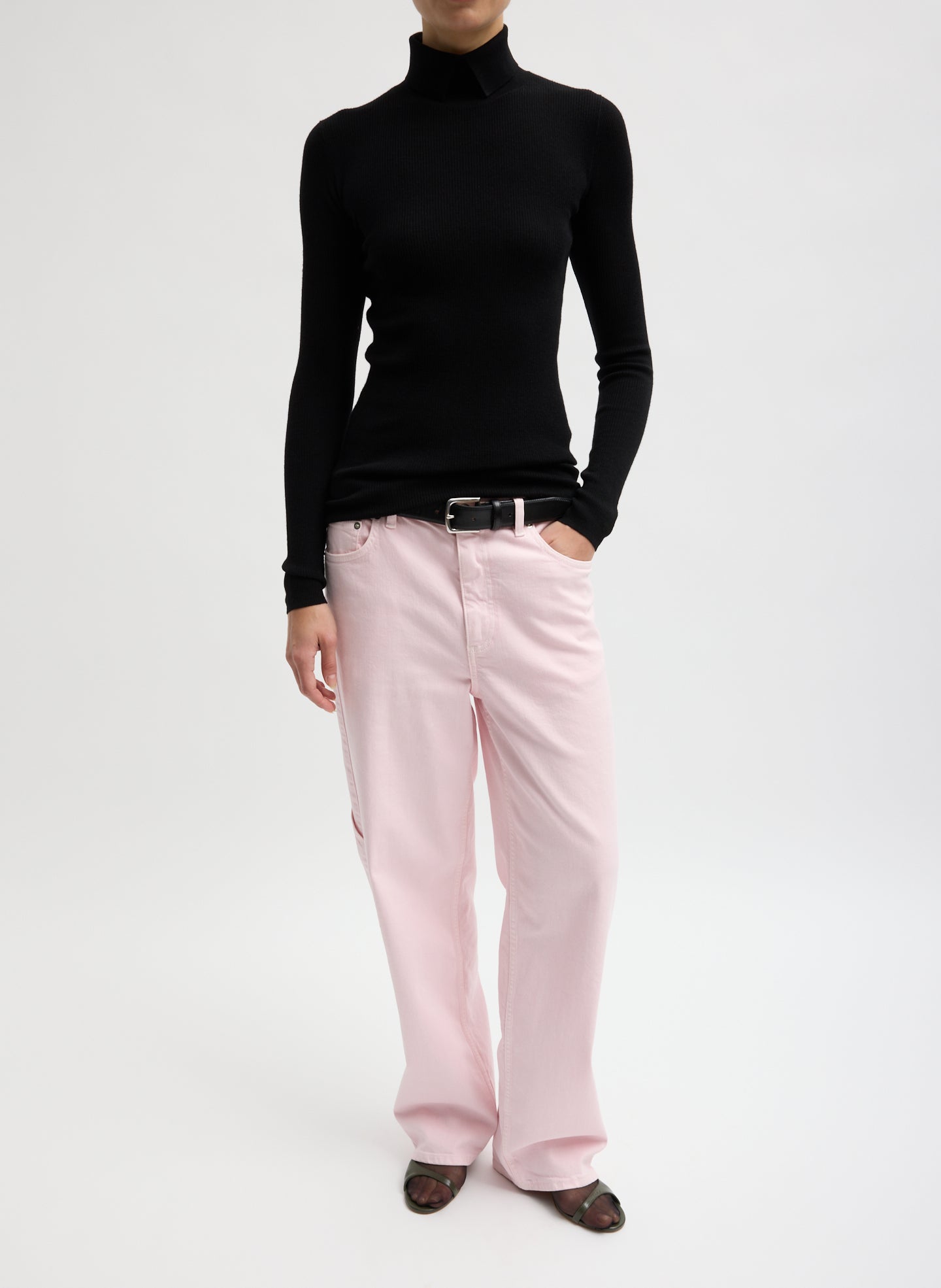 Black Feather Weight Ribbed Split Neck Turtleneck - full look, front view on model
