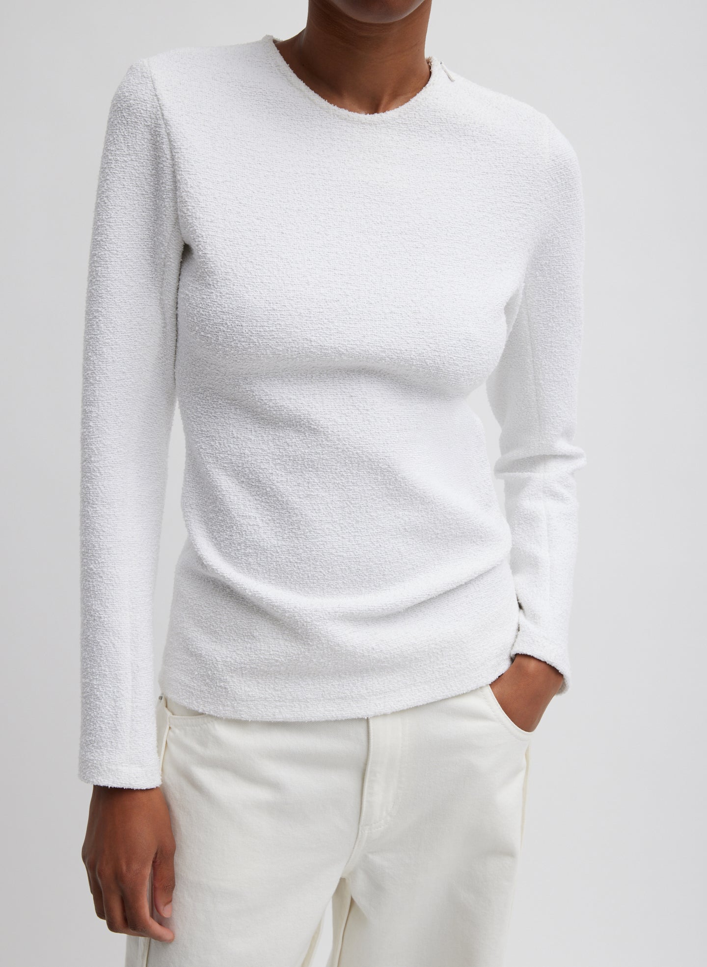 Boucle Knit Long Sleeve Circular Top - White-1