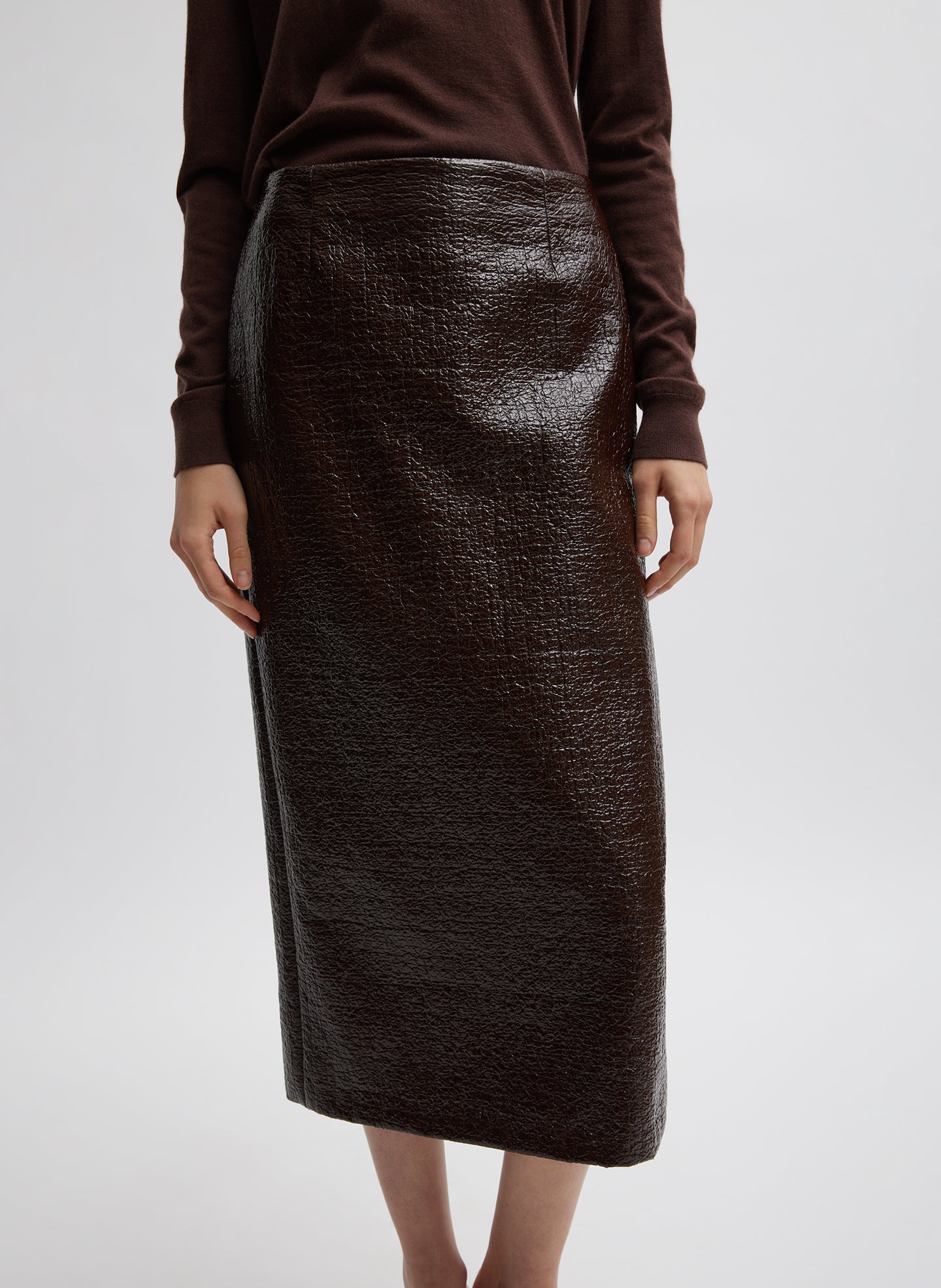 Coated Basketweave Pencil Skirt - Brown-2