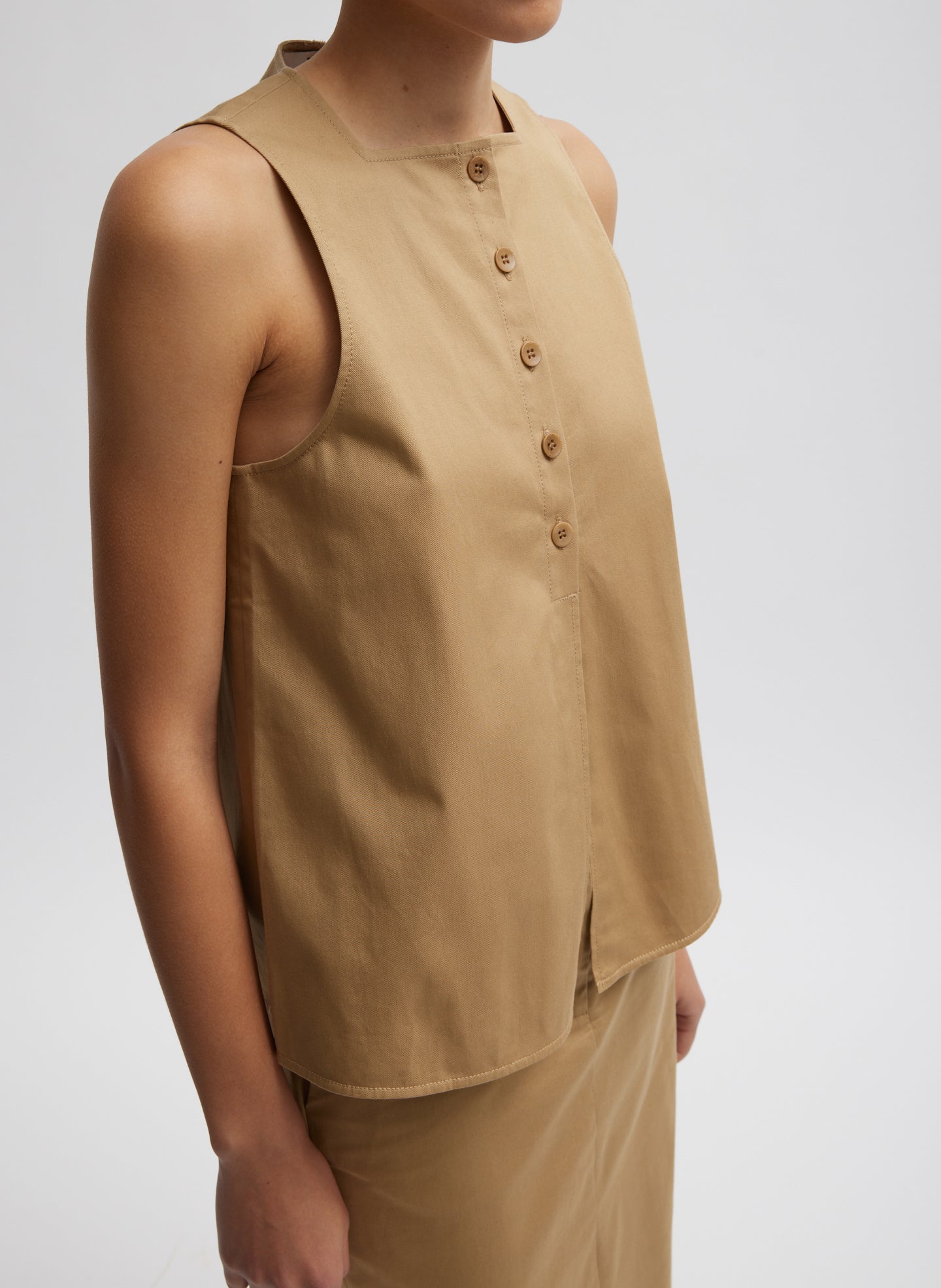 Chino Slit Front Sleeveless Top - Tan-1