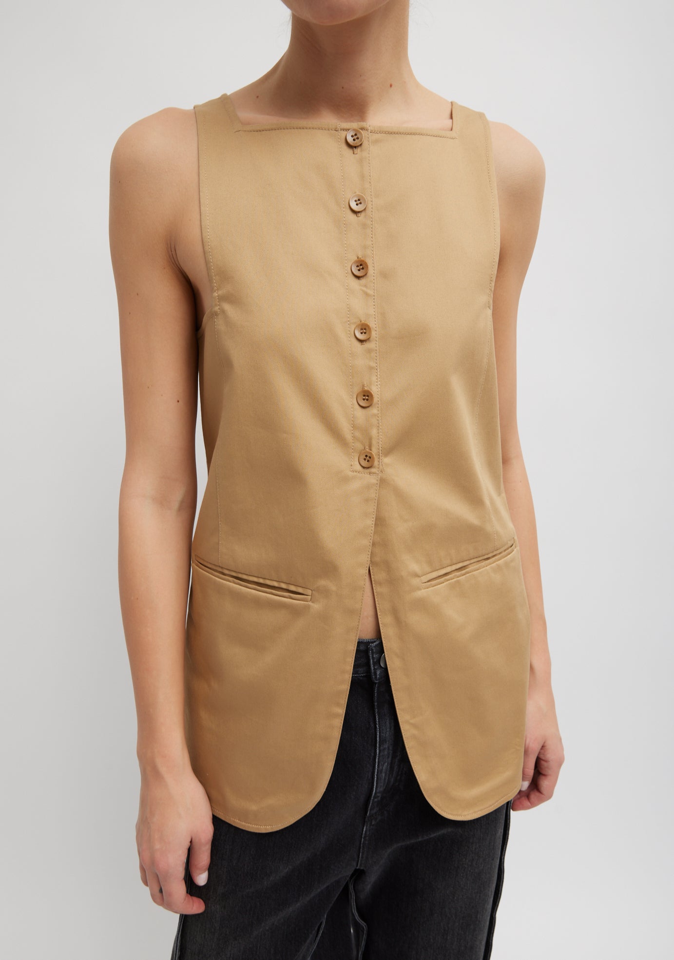 Chino Slit Front Sleeveless Tunic - Tan-1