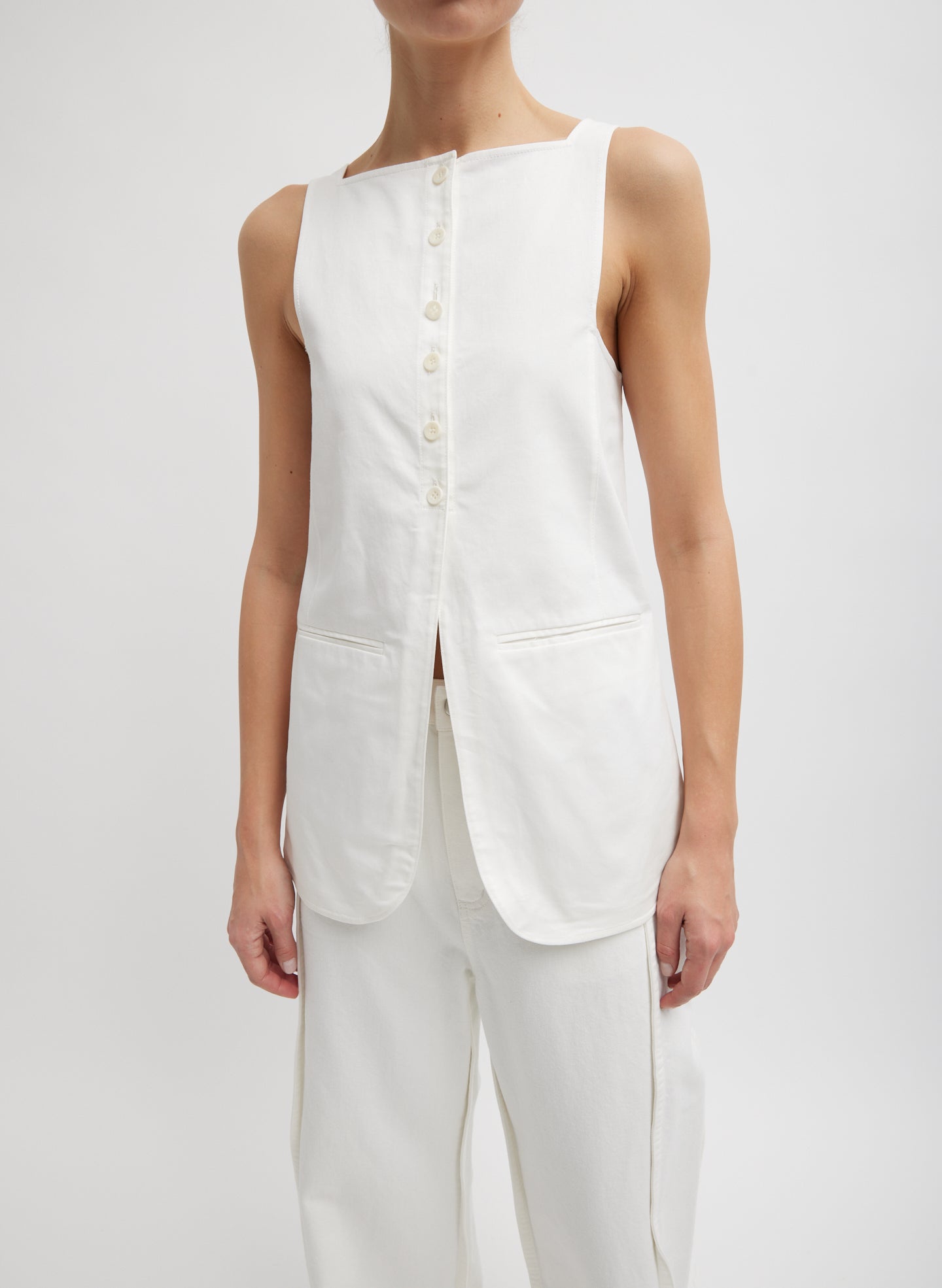 Chino Slit Front Sleeveless Tunic - White-1