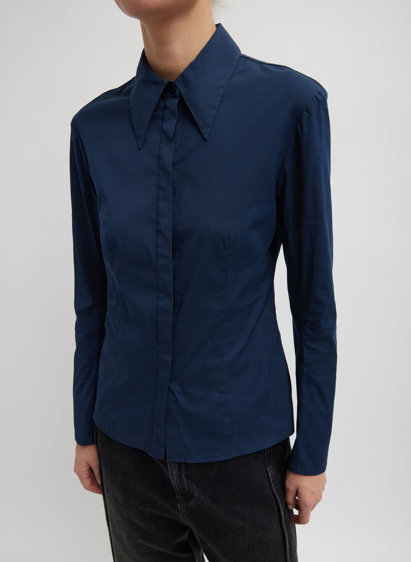 Stretch Cotton Nylon Circular Sleeve Shirt Navy Blue-1