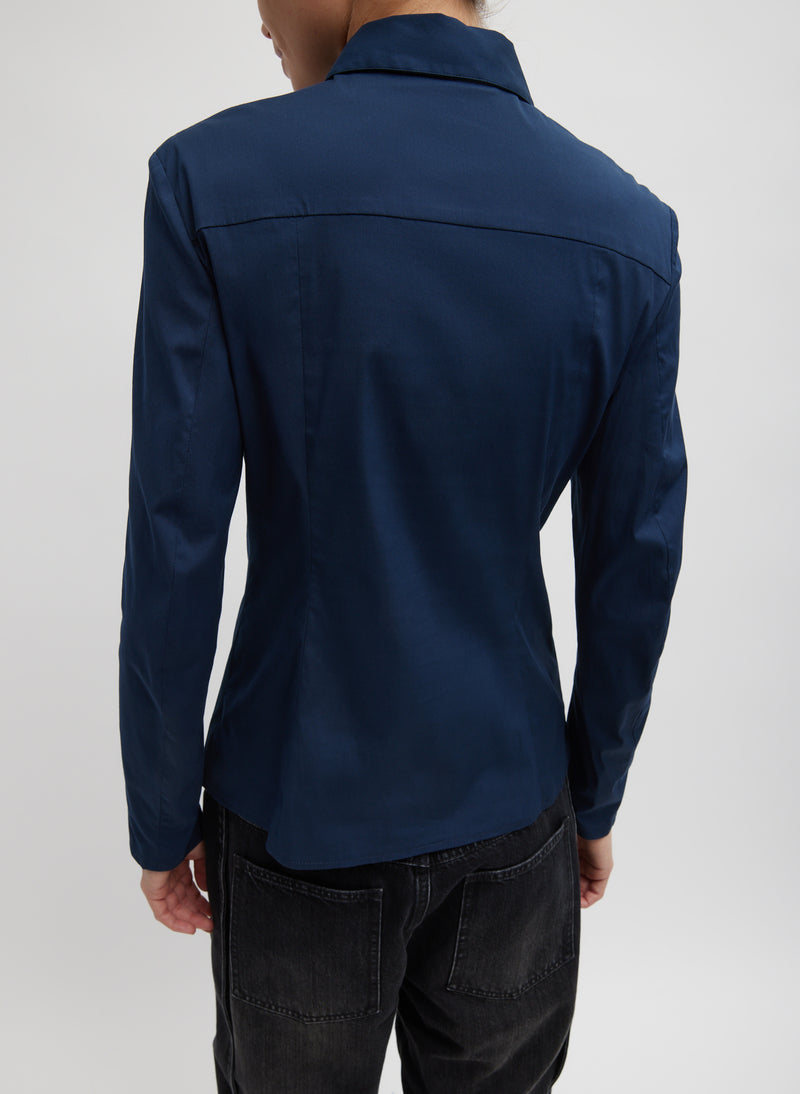 Stretch Cotton Nylon Circular Sleeve Shirt Navy Blue-3